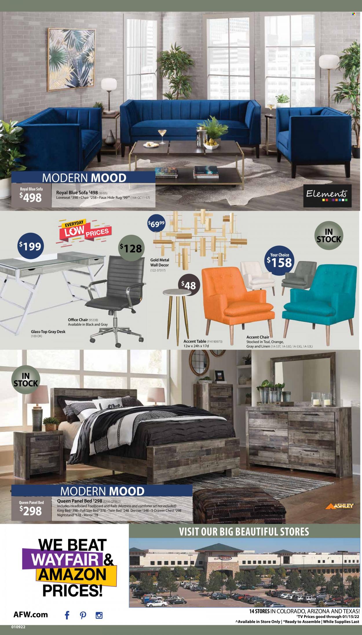 thumbnail - American Furniture Warehouse Flyer - 01/09/2022 - 01/15/2022 - Sales products - table, chair, accent chair, loveseat, sofa, bed, king bed, headboard, mattress, dresser, nightstand, desk, office chair, mirror, wall decor, comforter, linens, rug. Page 4.
