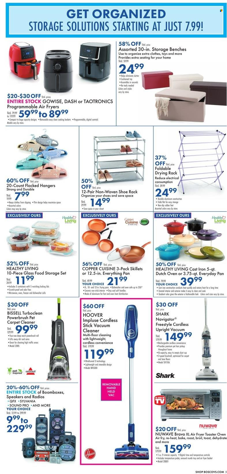 thumbnail - Boscov's Flyer - 01/06/2022 - 01/12/2022 - Sales products - basket, hanger, drying rack, pan, cup, cast iron dutch oven, storage container set, Sylvania, speaker, Bissell, vacuum cleaner, air fryer, shoe rack. Page 5.