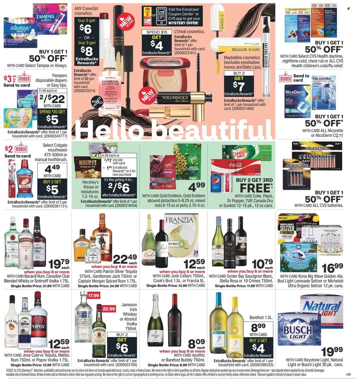 thumbnail - CVS Pharmacy Flyer - 01/09/2022 - 01/15/2022 - Sales products - nuggets, jerky, Hershey's, pistachios, mixed nuts, Canada Dry, Coca-Cola, lemonade, Pepsi, Dr. Pepper, 7UP, white wine, wine, Sauvignon Blanc, Bacardi, Captain Morgan, rum, Smirnoff, spiced rum, tequila, vodka, whiskey, irish whiskey, Jameson, Absolut, Malibu, Hard Seltzer, whisky, Pampers, nappies, WAVE, Colgate, toothbrush, mouthwash, Tampax, L’Oréal, Maybelline, Brut, battery, NicoDerm, Nicorette, beer, Busch, Bud Light, Keystone, eyeshadow, Michelob. Page 2.