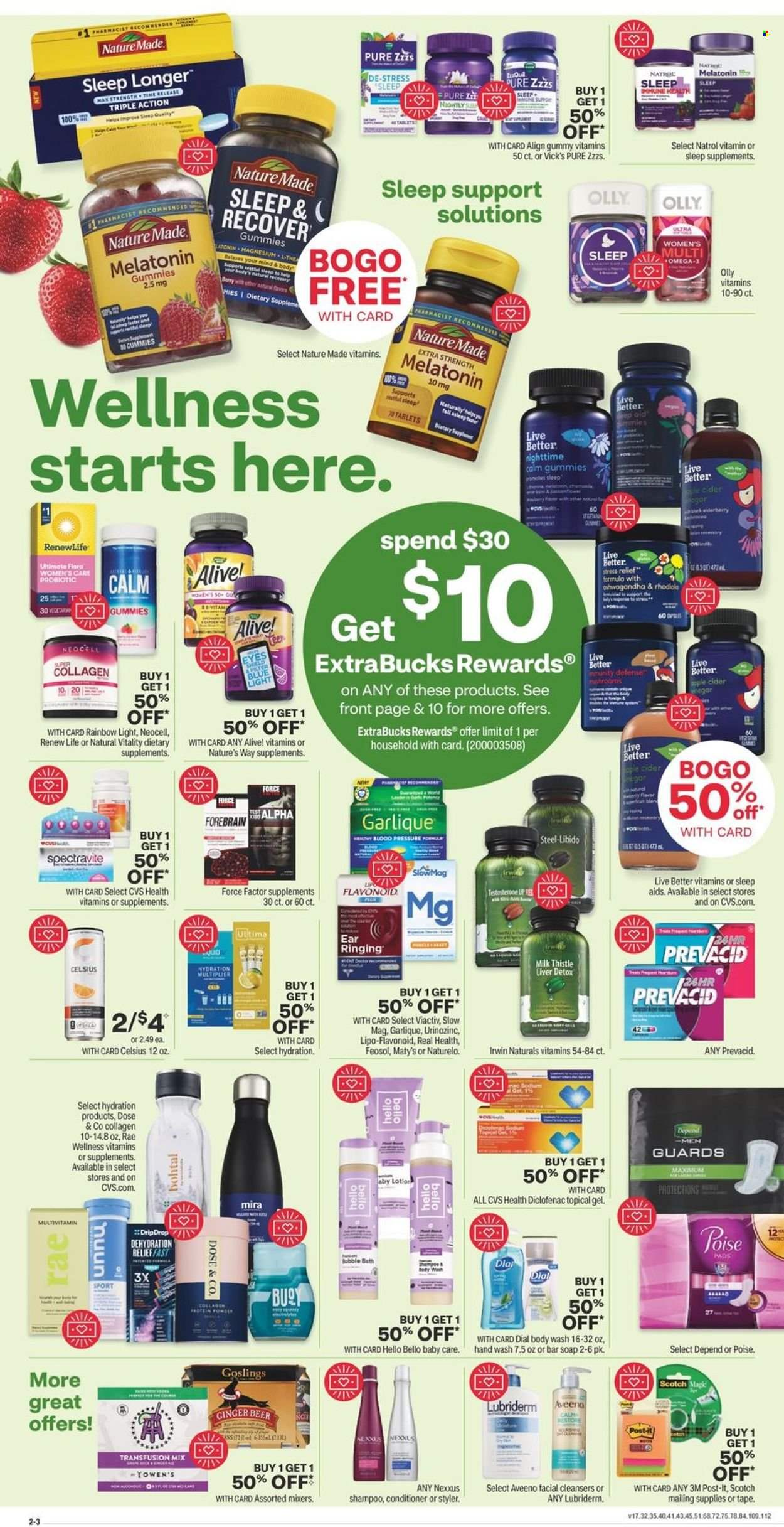 thumbnail - CVS Pharmacy Flyer - 01/09/2022 - 01/15/2022 - Sales products - milk, cider, Aveeno, body wash, shampoo, hand wash, soap bar, Dial, soap, conditioner, Nexxus, body lotion, Lubriderm, Post-It, magnesium, multivitamin, Natrol, Nature Made, Omega-3, Alive!, dietary supplement, beer. Page 3.