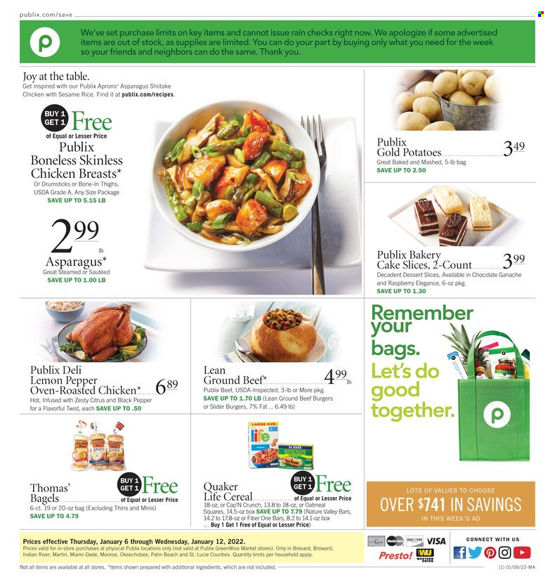 thumbnail - Publix Flyer - 01/06/2022 - 01/12/2022 - Sales products - bagels, cake, potatoes, chicken roast, hamburger, Quaker, beef burger, chocolate, Thins, oatmeal, cereals, Cap'n Crunch, Nature Valley, rice, black pepper, chicken breasts, beef meat, ground beef, Joy. Page 1.