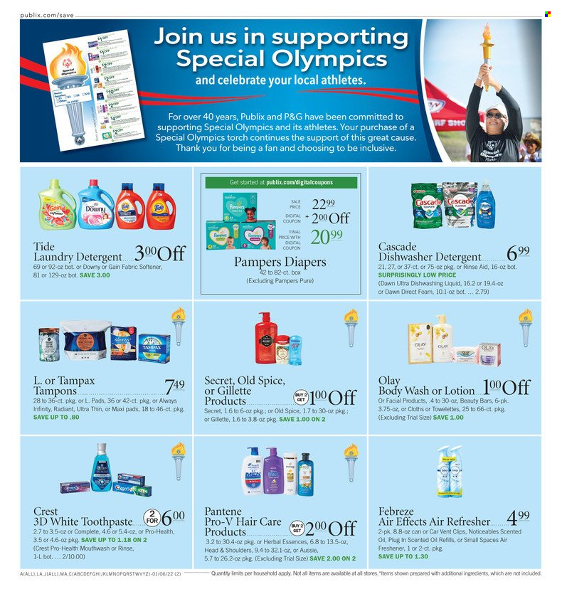 thumbnail - Publix Flyer - 01/06/2022 - 01/12/2022 - Sales products - spice, Pampers, nappies, detergent, Febreze, Gain, Cascade, Tide, fabric softener, laundry detergent, dishwashing liquid, body wash, Old Spice, toothpaste, mouthwash, Crest, Tampax, sanitary pads, tampons, Always Infinity, Olay, Aussie, refresher, Head & Shoulders, Pantene, Herbal Essences, body lotion, Gillette. Page 2.