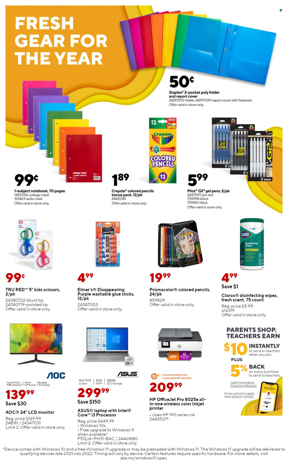 thumbnail - Staples Flyer - 01/09/2022 - 01/15/2022 - Sales products - Intel, Asus, Hewlett Packard, wipes, Clorox, crayons, pin, glue, scissors, folder, pencil, Pilot, laptop, monitor, ink printer, printer, HP OfficeJet. Page 3.
