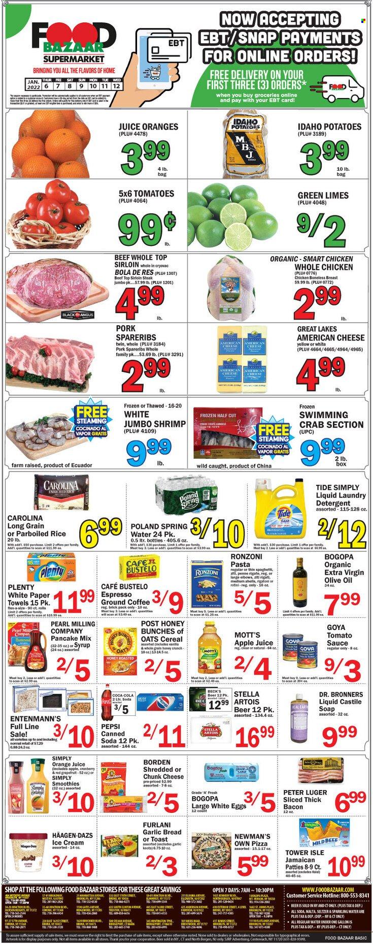 thumbnail - Food Bazaar Flyer - 01/06/2022 - 01/12/2022 - Sales products - bread, Entenmann's, potatoes, grapefruits, limes, Mott's, crab, shrimps, spaghetti, pizza, pasta, sauce, pancakes, american cheese, chunk cheese, eggs, ice cream, Häagen-Dazs, tomato sauce, Goya, cereals, parboiled rice, extra virgin olive oil, olive oil, oil, apple juice, Coca-Cola, Pepsi, orange juice, juice, smoothie, seltzer water, spring water, soda, sparkling water, coffee, ground coffee, beer, Beck's, whole chicken, beef sirloin, steak, sirloin steak, pork spare ribs. Page 1.