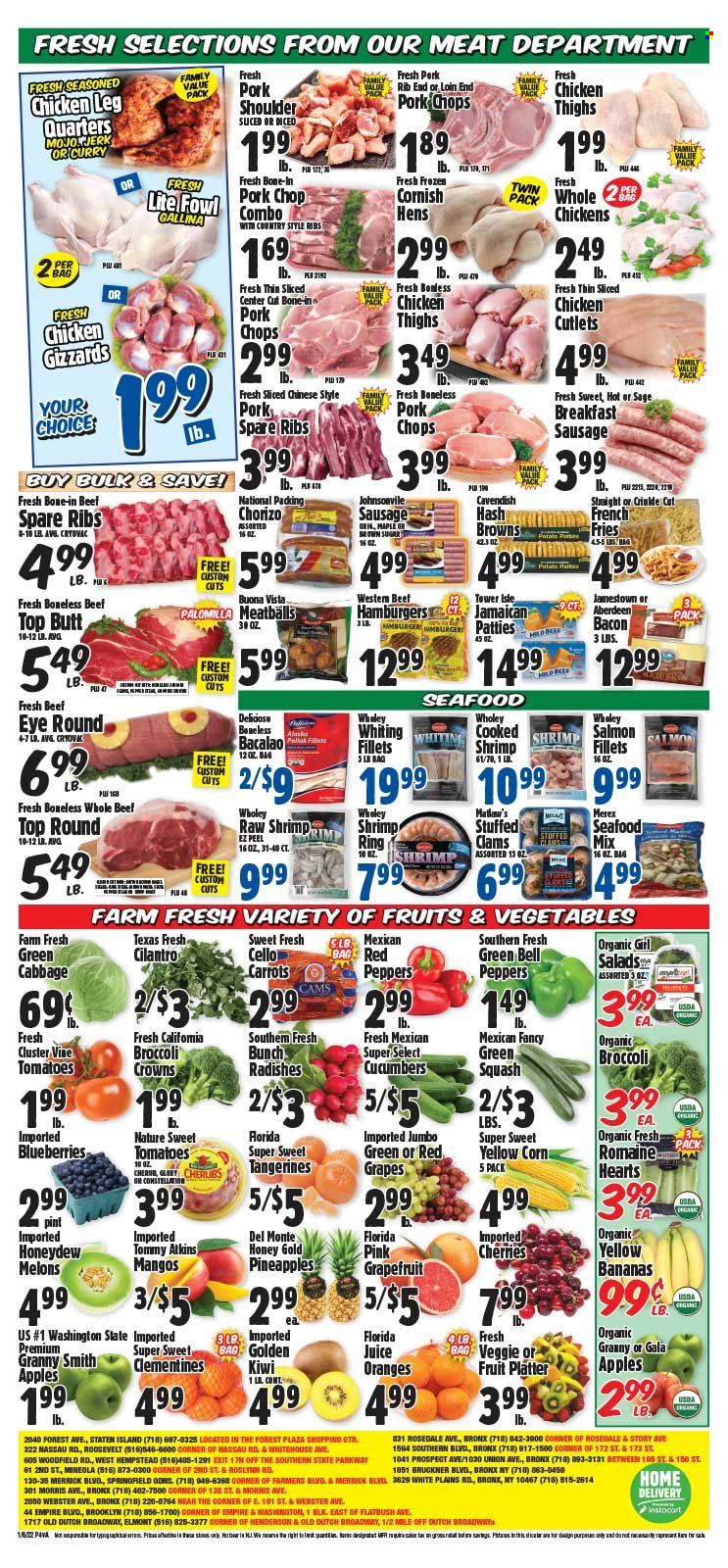 thumbnail - Western Beef Flyer - 01/06/2022 - 01/12/2022 - Sales products - cabbage, carrots, corn, cucumber, radishes, apples, bananas, blueberries, Gala, grapefruits, grapes, kiwi, honeydew, pineapple, cherries, oranges, Granny Smith, chicken breasts, chicken cutlets, chicken legs, chicken thighs, chicken gizzards, pork chops, pork meat, pork ribs, pork shoulder, pork spare ribs, clams, salmon, seafood, shrimps, whiting fillets, whiting, meatballs, bacon, chorizo, sausage, potato fries, cilantro, honey, juice, tea, beer, Cello, clementines, tangerines, melons. Page 4.