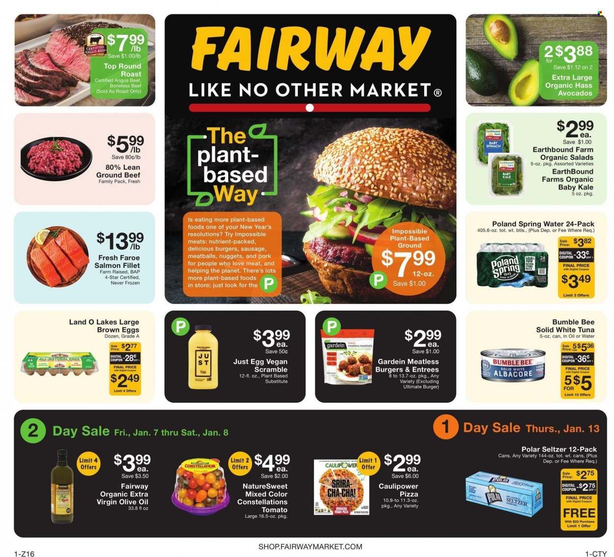 thumbnail - Fairway Market Flyer - 01/07/2022 - 01/13/2022 - Sales products - kale, salad, avocado, salmon, salmon fillet, tuna, pizza, meatballs, nuggets, hamburger, Bumble Bee, sausage, eggs, sriracha, extra virgin olive oil, olive oil, seltzer water, spring water, beef meat, ground beef, round roast. Page 1.