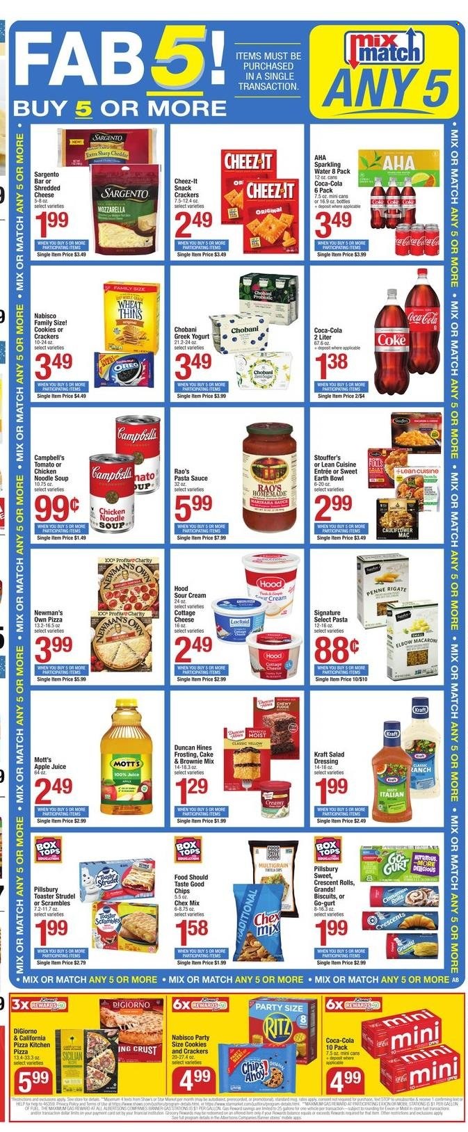 thumbnail - Shaw’s Flyer - 01/07/2022 - 01/13/2022 - Sales products - cake, strudel, cinnamon roll, crescent rolls, brownie mix, salad, Mott's, Campbell's, pizza, pasta sauce, soup, sauce, Pillsbury, noodles cup, noodles, Lean Cuisine, Kraft®, cottage cheese, shredded cheese, Sargento, greek yoghurt, Oreo, yoghurt, Chobani, sour cream, Stouffer's, cookies, snack, crackers, biscuit, RITZ, chips, Thins, Cheez-It, Chex Mix, frosting, penne, dressing, apple juice, Coca-Cola, juice, sparkling water, bowl. Page 3.
