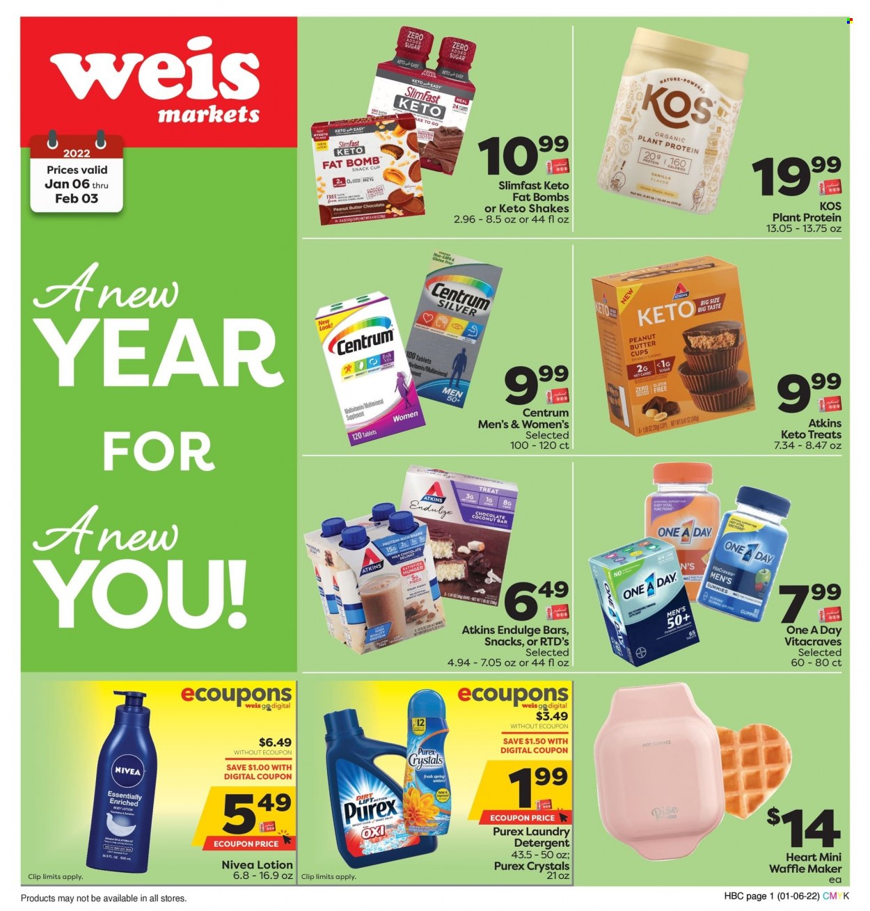thumbnail - Weis Flyer - 01/06/2022 - 02/03/2022 - Sales products - coconut, Slimfast, milk, shake, chocolate, snack, peanut butter cups, plant protein, Nivea, detergent, laundry detergent, Purex, Anew, body lotion, multivitamin, Centrum. Page 1.