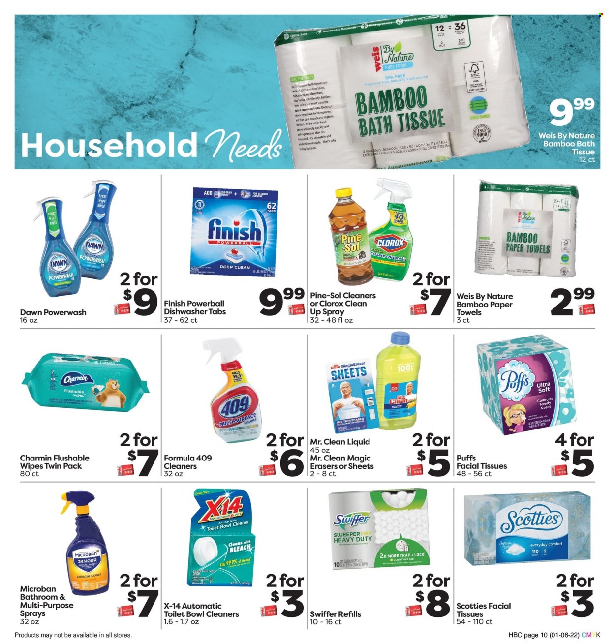 thumbnail - Weis Flyer - 01/06/2022 - 02/03/2022 - Sales products - puffs, wipes, bath tissue, kitchen towels, paper towels, Charmin, surface cleaner, cleaner, bleach, Clorox, Pine-Sol, Swiffer, Finish Powerball, facial tissues, eraser. Page 10.
