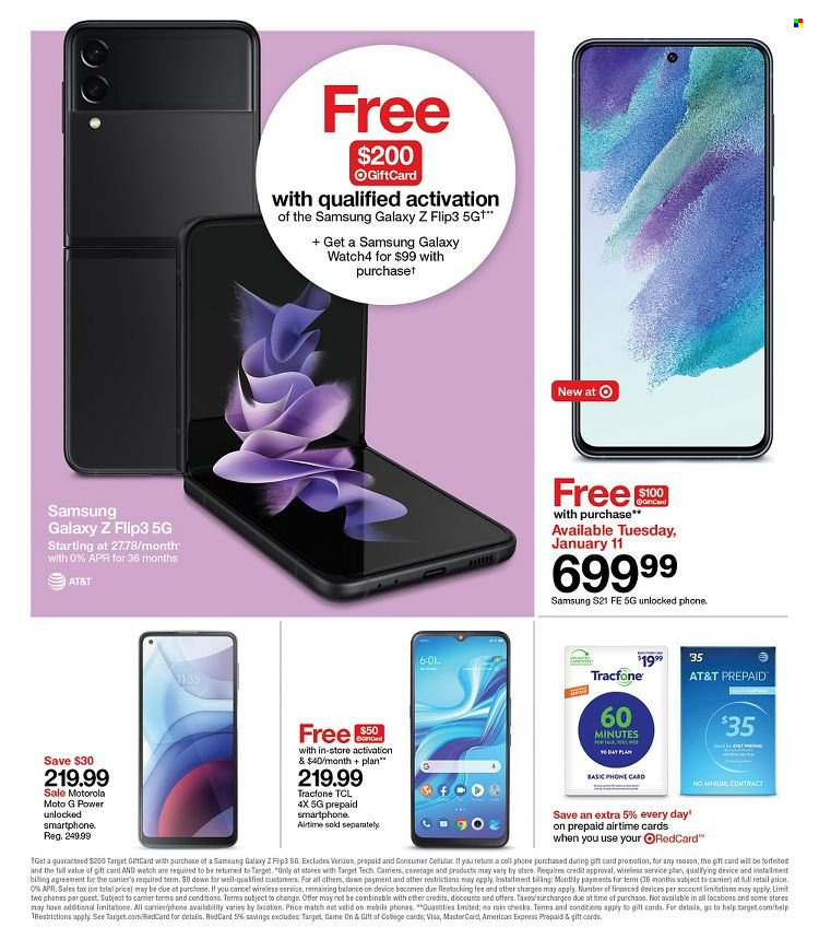 thumbnail - Target Flyer - 01/09/2022 - 01/15/2022 - Sales products - Samsung Galaxy, Target, Motorola, Samsung, TCL, phone, cell phone, smartphone, Samsung Galaxy Z, Samsung Galaxy S21, watch. Page 8.