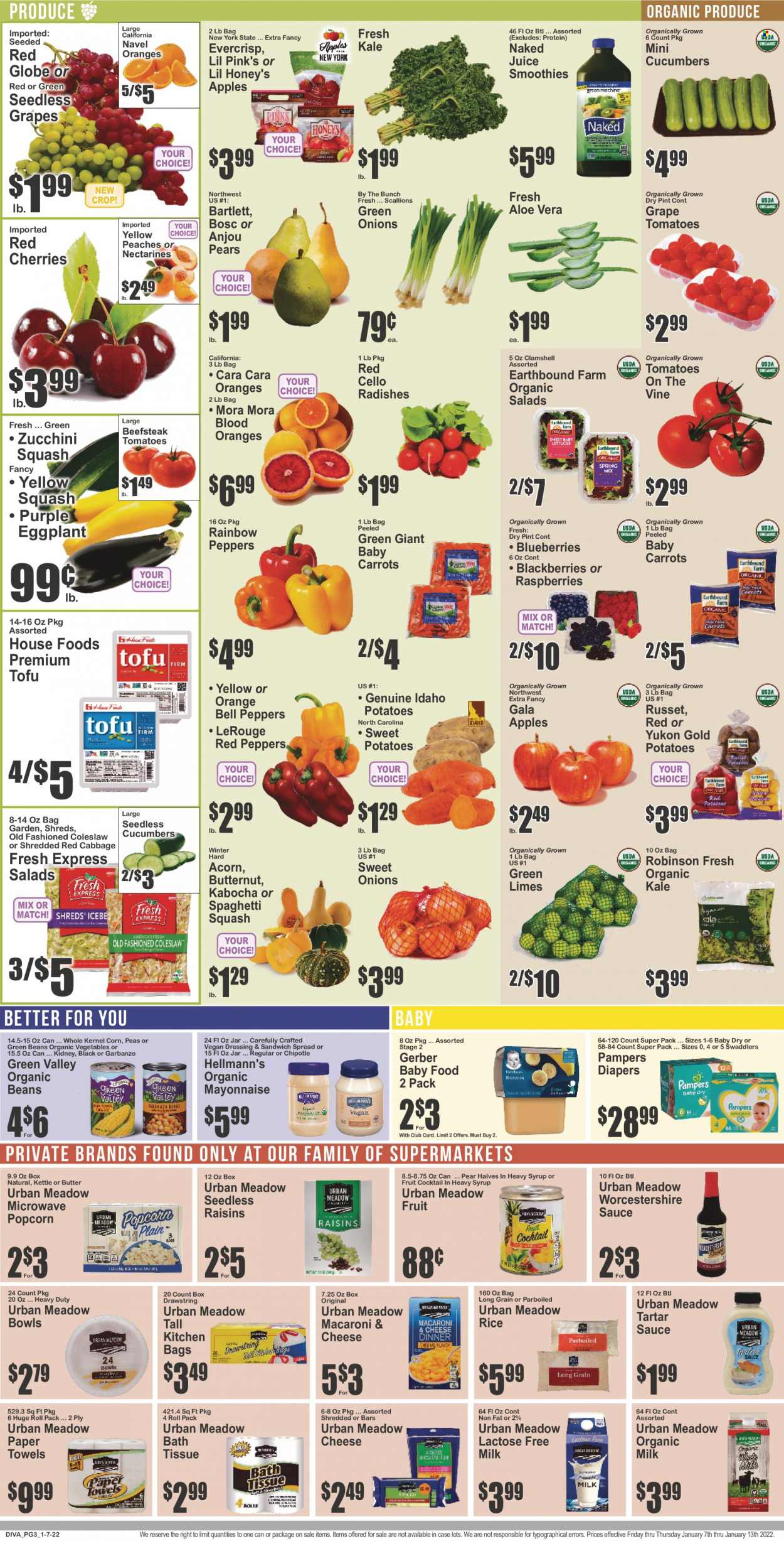 thumbnail - Key Food Flyer - 01/07/2022 - 01/13/2022 - Sales products - seedless grapes, beans, bell peppers, cabbage, carrots, corn, cucumber, green beans, radishes, russet potatoes, tomatoes, zucchini, kale, potatoes, pumpkin, peas, salad, peppers, eggplant, yellow squash, red peppers, apples, blackberries, Gala, limes, Red Globe, cherries, pears, oranges, coleslaw, macaroni & cheese, sandwich, tofu, organic milk, lactose free milk, butter, mayonnaise, tartar sauce, Hellmann’s, Gerber, popcorn, rice, worcestershire sauce, dressing, honey, syrup, raisins, dried fruit, juice, smoothie, Pampers, nappies, bath tissue, kitchen towels, paper towels, butternut squash, nectarines, peaches, navel oranges. Page 3.