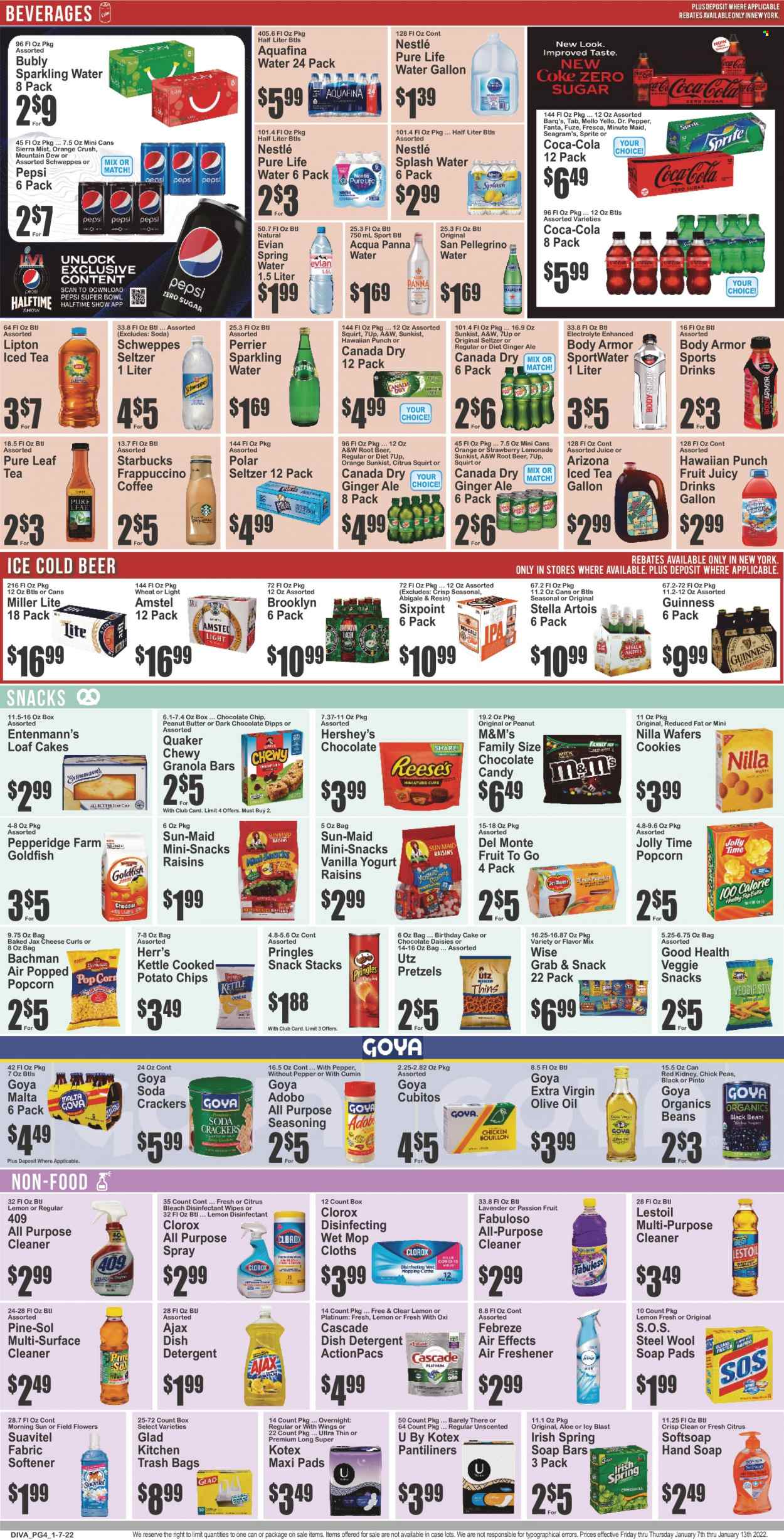thumbnail - Key Food Flyer - 01/07/2022 - 01/13/2022 - Sales products - pretzels, cake, Entenmann's, oranges, Quaker, cheese, yoghurt, Hershey's, cookies, Nestlé, wafers, snack, M&M's, crackers, chocolate candies, potato chips, Pringles, chips, popcorn, Goldfish, Goya, granola bar, spice, cumin, adobo sauce, extra virgin olive oil, olive oil, oil, peanut butter, raisins, dried fruit, Canada Dry, Coca-Cola, ginger ale, lemonade, Mountain Dew, Schweppes, Sprite, Pepsi, juice, Fanta, Body Armor, Lipton, ice tea, Dr. Pepper, 7UP, AriZona, A&W, Sierra Mist, Perrier, fruit punch, Aquafina, seltzer water, spring water, soda, sparkling water, Pure Life Water, Evian, San Pellegrino, Pure Leaf, coffee, Starbucks, frappuccino, beer, Guinness, wipes, detergent, Febreze, surface cleaner, cleaner, bleach, desinfection, all purpose cleaner, Clorox, Ajax, Pine-Sol, Fabuloso, Cascade, fabric softener, Softsoap, hand soap, soap, pantiliners, sanitary pads, Kotex, trash bags, mop pad, air freshener, Miller Lite, Stella Artois. Page 4.