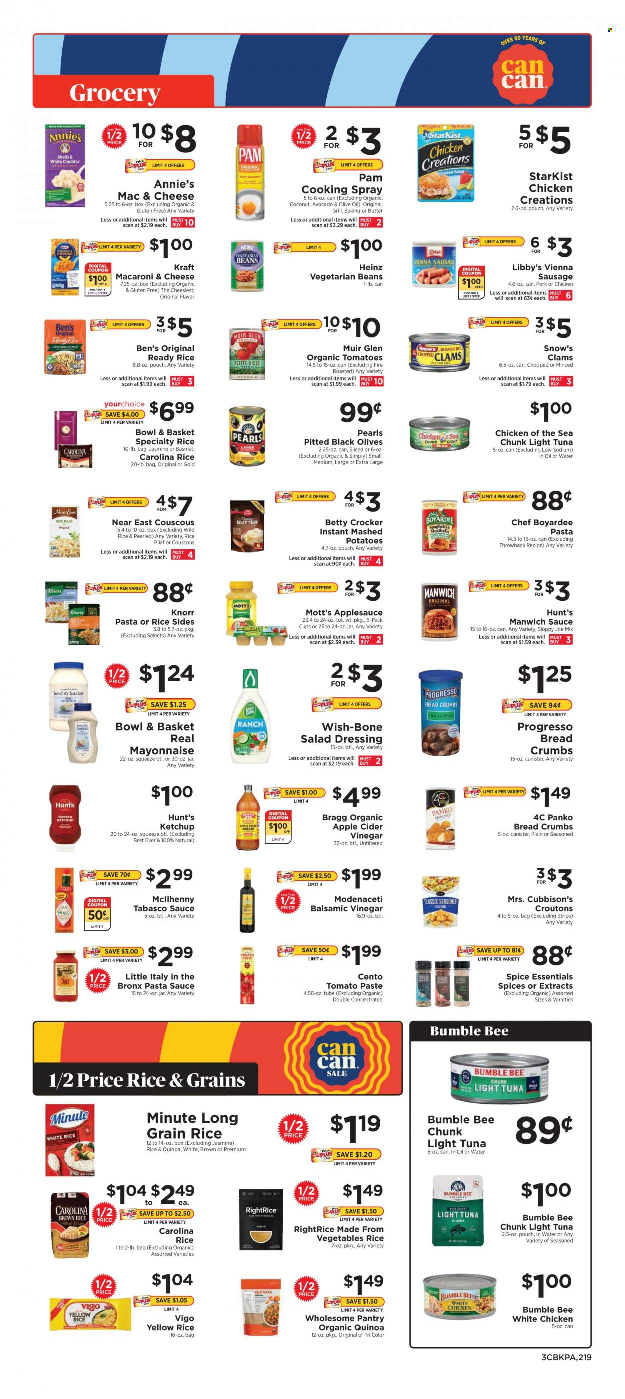 thumbnail - ShopRite Flyer - 01/09/2022 - 01/15/2022 - Sales products - Bowl & Basket, panko breadcrumbs, beans, avocado, coconut, Mott's, clams, tuna, StarKist, mashed potatoes, pasta sauce, Bumble Bee, Knorr, sauce, Progresso, Annie's, Kraft®, sausage, vienna sausage, butter, mayonnaise, strips, croutons, tabasco, tomato paste, Heinz, olives, light tuna, Chicken of the Sea, Manwich, Chef Boyardee, basmati rice, couscous, quinoa, rice, long grain rice, spice, salad dressing, ketchup, dressing, apple cider vinegar, balsamic vinegar, cooking spray, vinegar, olive oil, apple sauce, cup. Page 3.