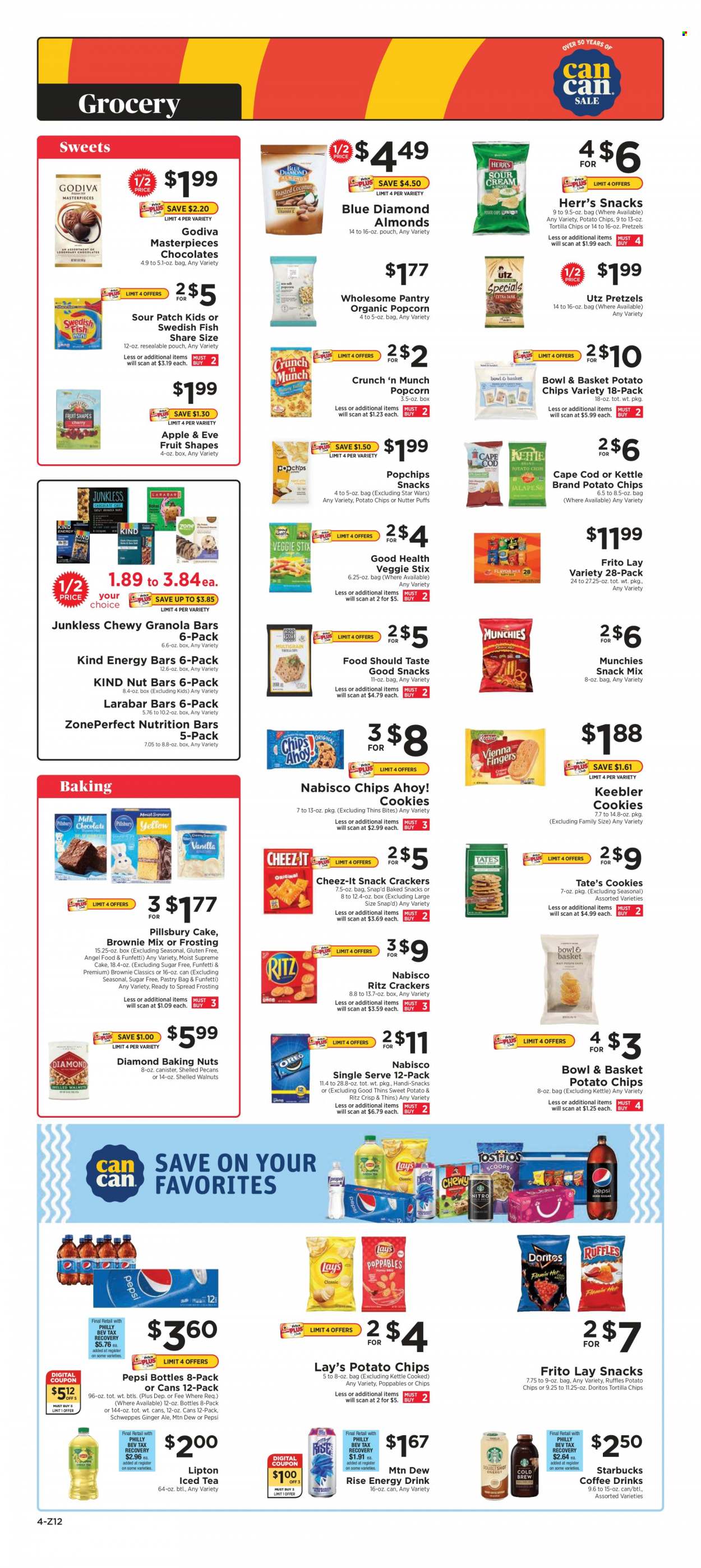 thumbnail - ShopRite Flyer - 01/09/2022 - 01/15/2022 - Sales products - pretzels, cake, Bowl & Basket, Angel Food, brownie mix, cod, Pillsbury, cookies, chocolate, snack, Godiva, crackers, Chips Ahoy!, Keebler, sour patch, RITZ, Doritos, tortilla chips, potato chips, chips, Lay’s, Thins, popcorn, Cheez-It, frosting, nutrition bar, nut bar, granola bar, energy bar, almonds, walnuts, pecans, Blue Diamond, ginger ale, Mountain Dew, Schweppes, Pepsi, energy drink, Lipton, ice tea, Starbucks. Page 4.