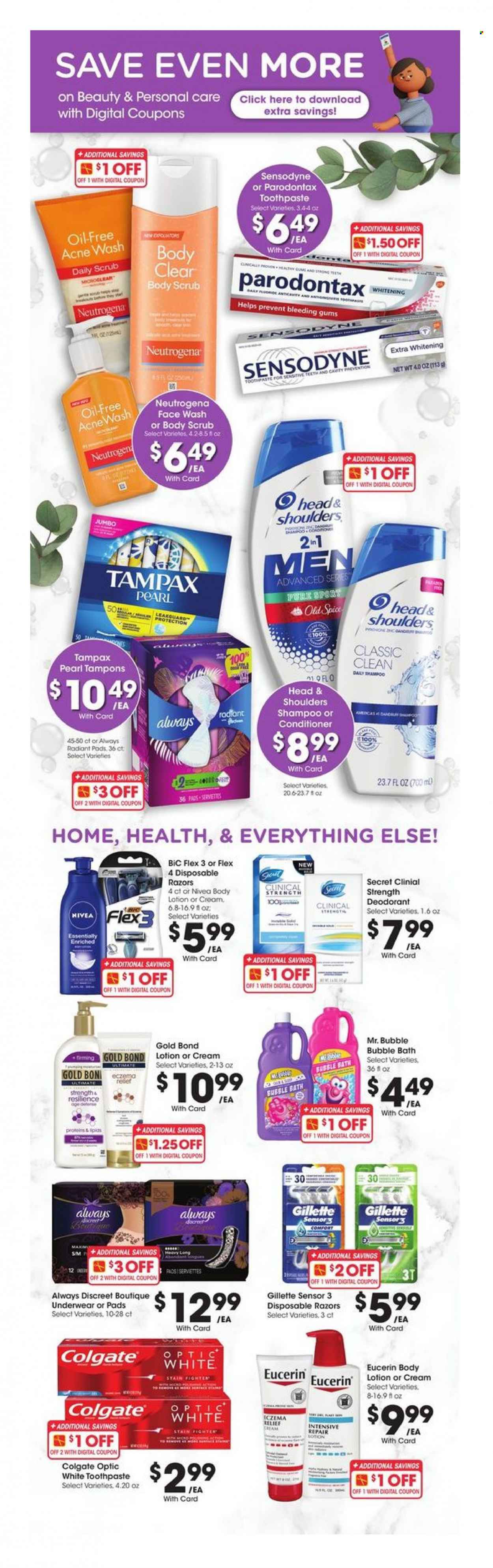 thumbnail - Smith's Flyer - 01/05/2022 - 02/01/2022 - Sales products - spice, Nivea, bubble bath, shampoo, Old Spice, face gel, Colgate, toothpaste, Sensodyne, Tampax, Always Discreet, tampons, Neutrogena, face wash, conditioner, Head & Shoulders, body lotion, body scrub, Eucerin, anti-perspirant, deodorant, BIC, Gillette, disposable razor. Page 1.