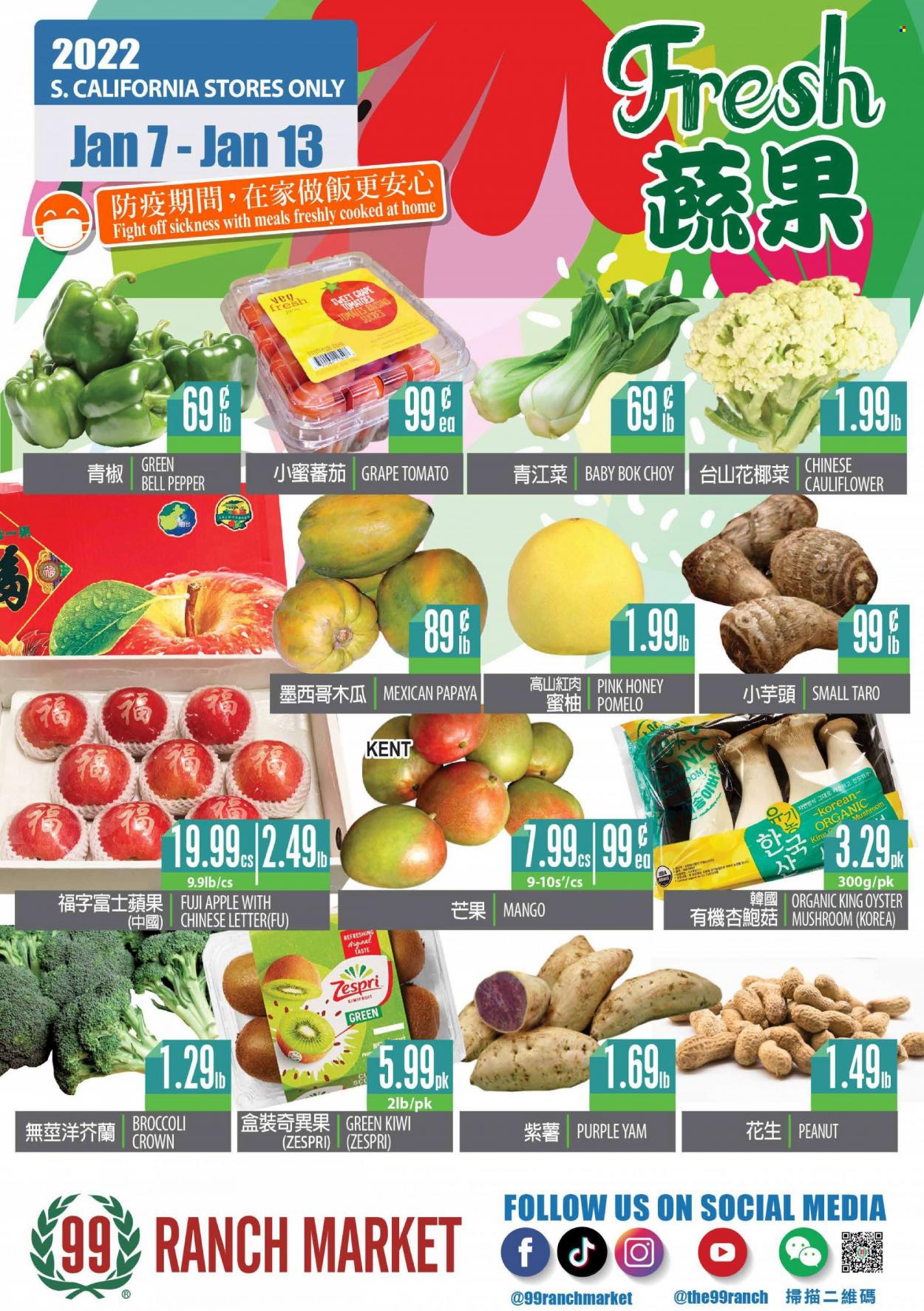 thumbnail - 99 Ranch Market Flyer - 01/07/2022 - 01/13/2022 - Sales products - mushrooms, bell peppers, bok choy, broccoli, cauliflower, tomatoes, kiwi, papaya, oysters, pepper, honey, pomelo. Page 3.