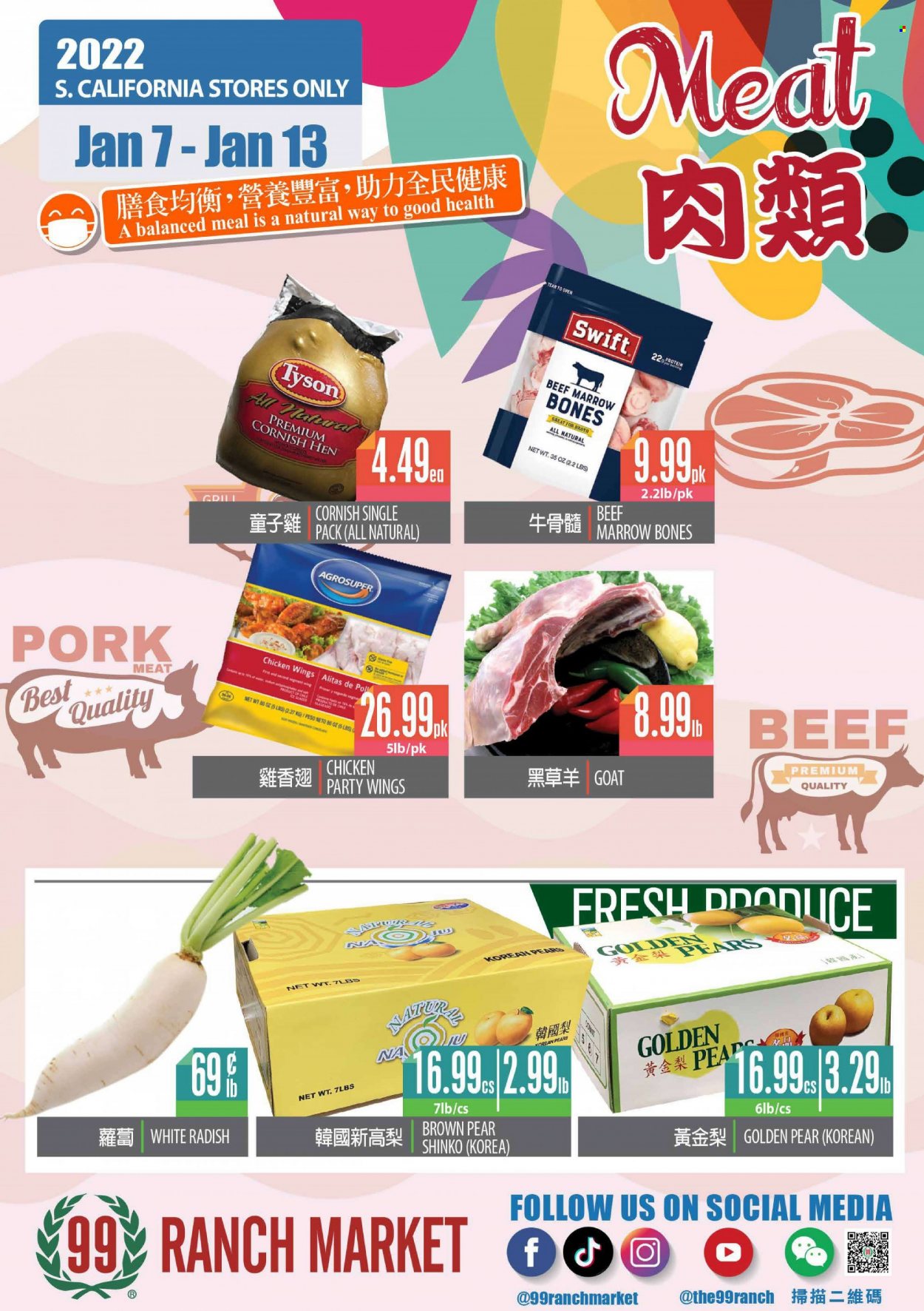 thumbnail - 99 Ranch Market Flyer - 01/07/2022 - 01/13/2022 - Sales products - radishes, white radish, pears, chicken wings, cornish hen, marrow bones. Page 4.