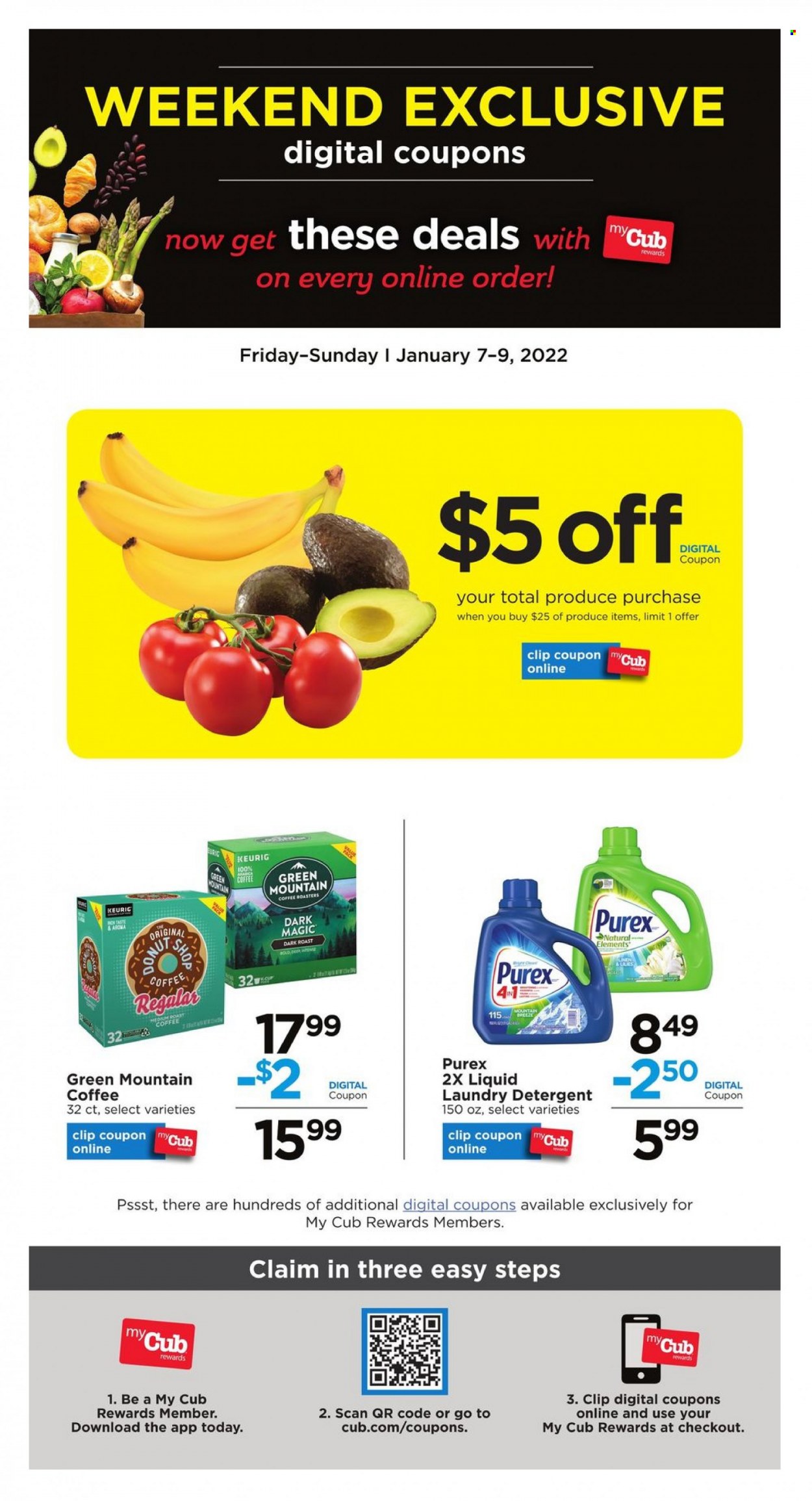 thumbnail - Cub Foods Flyer - 01/07/2022 - 01/09/2022 - Sales products - coffee, Keurig, Green Mountain, detergent, laundry detergent, Purex. Page 1.