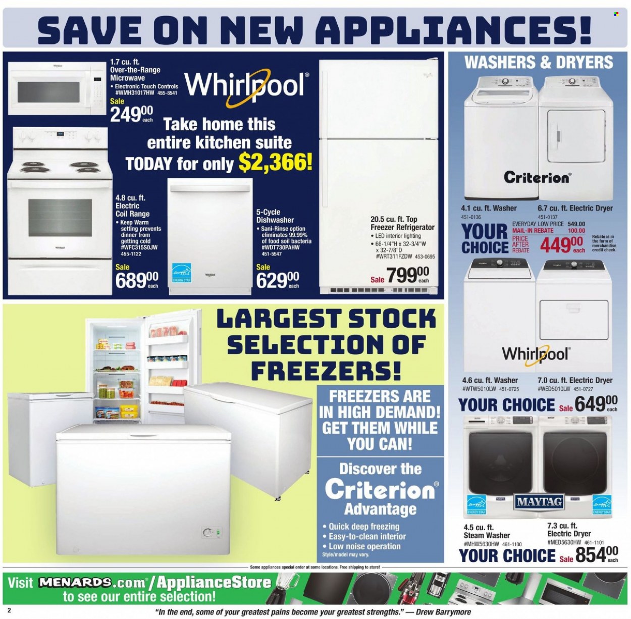 thumbnail - Menards Flyer - 01/06/2022 - 01/15/2022 - Sales products - kitchen suite, lighting, washers. Page 2.