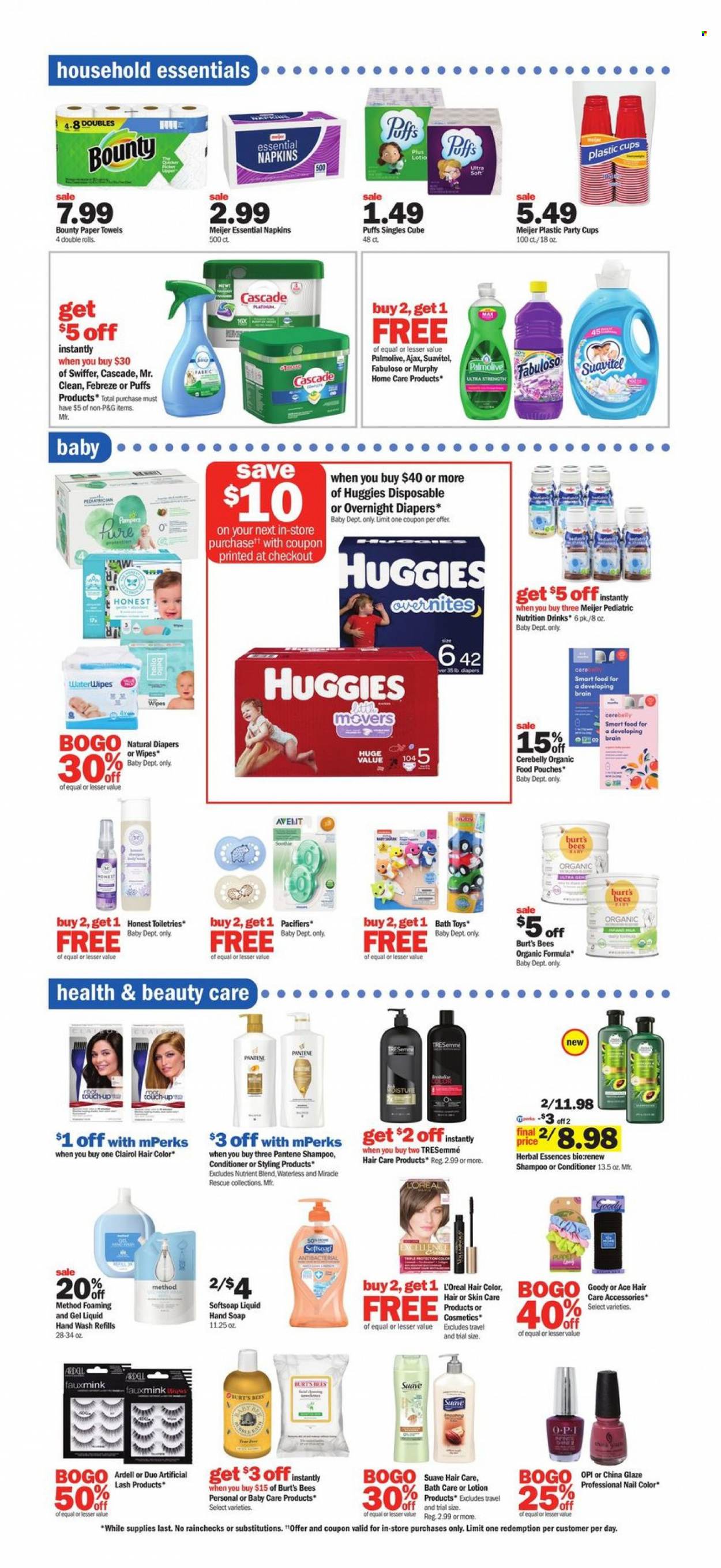 thumbnail - Meijer Flyer - 01/09/2022 - 01/15/2022 - Sales products - Ace, puffs, Bounty, rice, wipes, Huggies, Pampers, napkins, nappies, kitchen towels, paper towels, Febreze, Ajax, Fabuloso, Swiffer, Cascade, shampoo, Softsoap, Suave, hand soap, hand wash, Palmolive, soap, L’Oréal, Clairol, conditioner, TRESemmé, Pantene, hair color, Herbal Essences, body lotion, nail enamel, cup. Page 14.