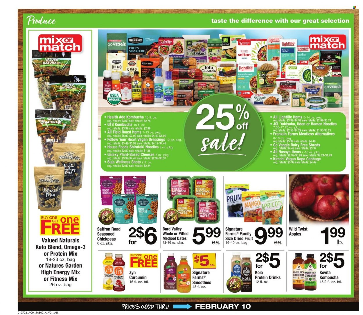 thumbnail - ACME Flyer - 01/07/2022 - 02/10/2022 - Sales products - cabbage, Edamame, peas, apricots, fresh dates, ramen, noodles, sausage, cheese, tofu, protein drink, koia, Natures Garden, brown rice, rice, chickpeas, turmeric, dried fruit, Valued Naturals, smoothie, kombucha, KeVita, Omega-3. Page 2.
