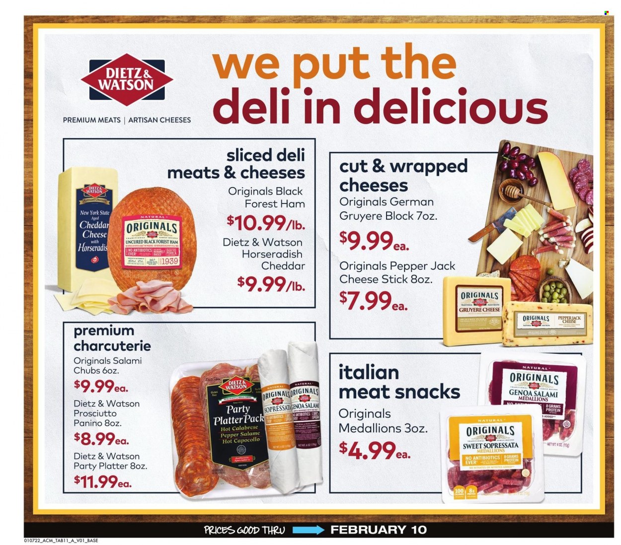 thumbnail - ACME Flyer - 01/07/2022 - 02/10/2022 - Sales products - horseradish, salami, ham, prosciutto, Dietz & Watson, Gruyere, cheddar, Pepper Jack cheese, cheese, snack. Page 11.
