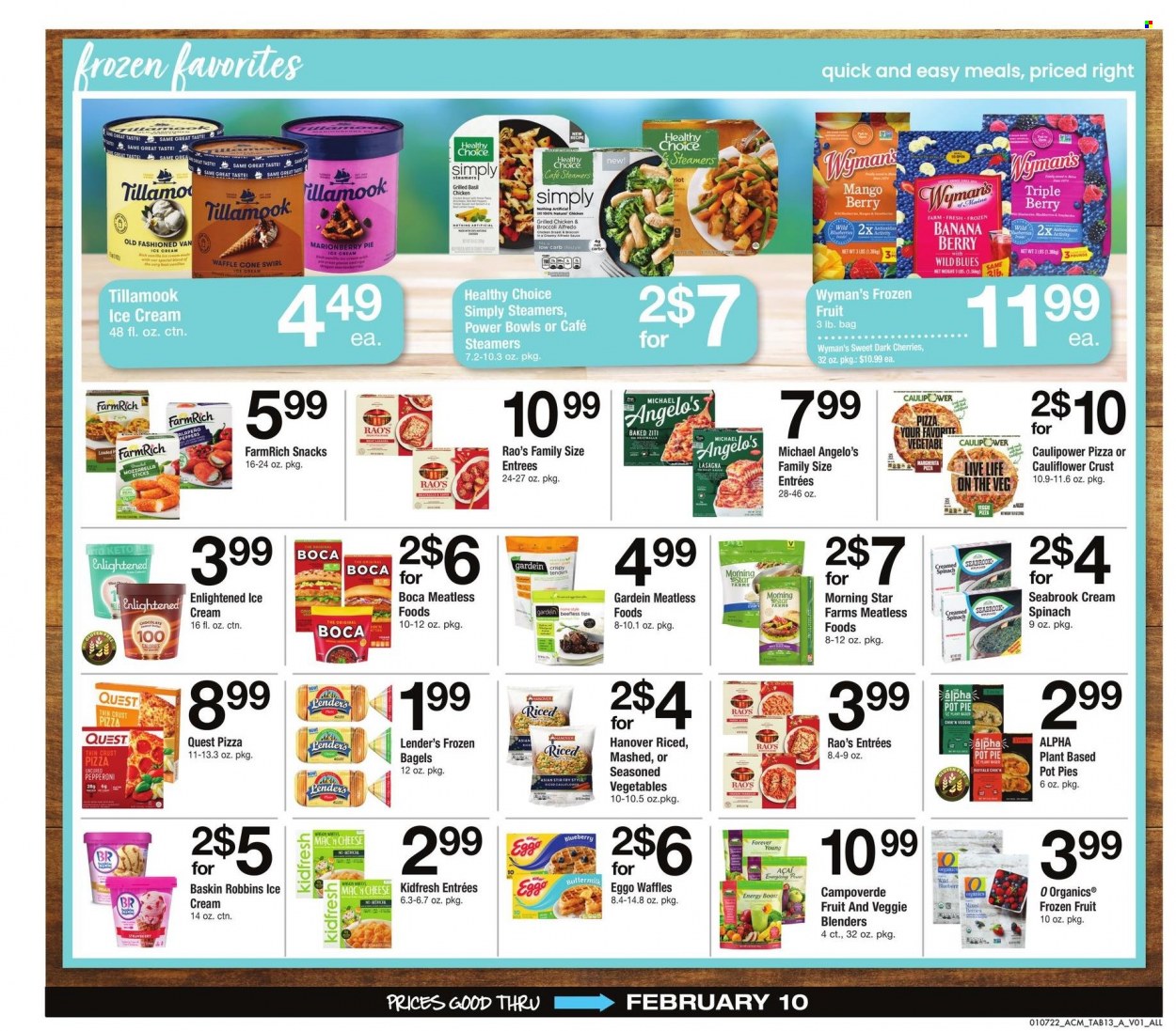 thumbnail - ACME Flyer - 01/07/2022 - 02/10/2022 - Sales products - bagels, pie, pot pie, waffles, broccoli, mango, pizza, lasagna meal, baked ziti, Healthy Choice, pepperoni, eggs, ice cream, Enlightened lce Cream, snack, esponja, Lee. Page 13.