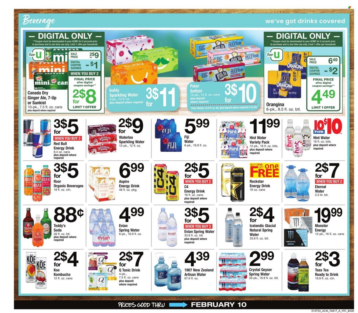 thumbnail - ACME Flyer - 01/07/2022 - 02/10/2022 - Sales products - Canada Dry, ginger ale, energy drink, Monster, tonic, 7UP, Red Bull, Rockstar, seltzer water, spring water, soda, sparkling water, Evian, kombucha, tea, teddy. Page 17.