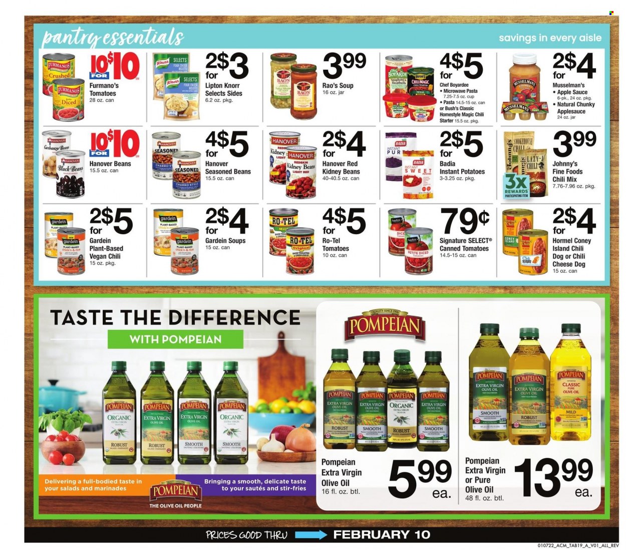 thumbnail - ACME Flyer - 01/07/2022 - 02/10/2022 - Sales products - beans, tomatoes, potatoes, salad, soup, pasta, Knorr, sauce, Hormel, cheese, potato fries, kidney beans, Badia, Chef Boyardee, rice, marinade, extra virgin olive oil, olive oil, oil, apple sauce, Lipton. Page 19.