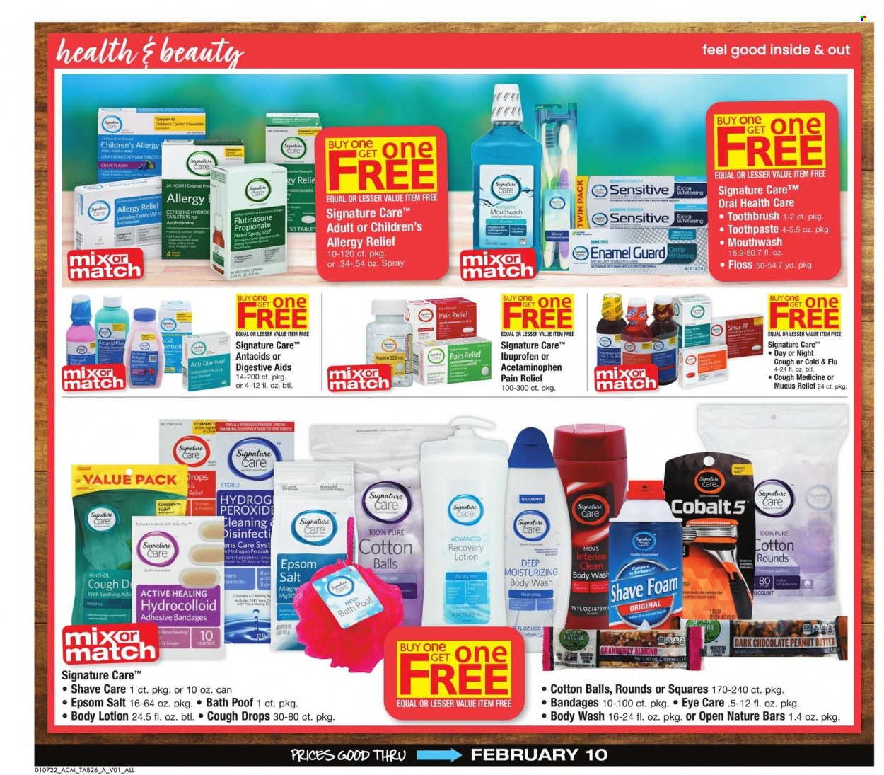 thumbnail - ACME Flyer - 01/07/2022 - 02/10/2022 - Sales products - chocolate, dark chocolate, nut bar, peanut butter, cotton balls, body wash, toothbrush, toothpaste, mouthwash, body lotion, Barbasol, pain relief, Cold & Flu, Ibuprofen, Antacid, cough drops, aspirin, nasal spray, allergy relief. Page 26.