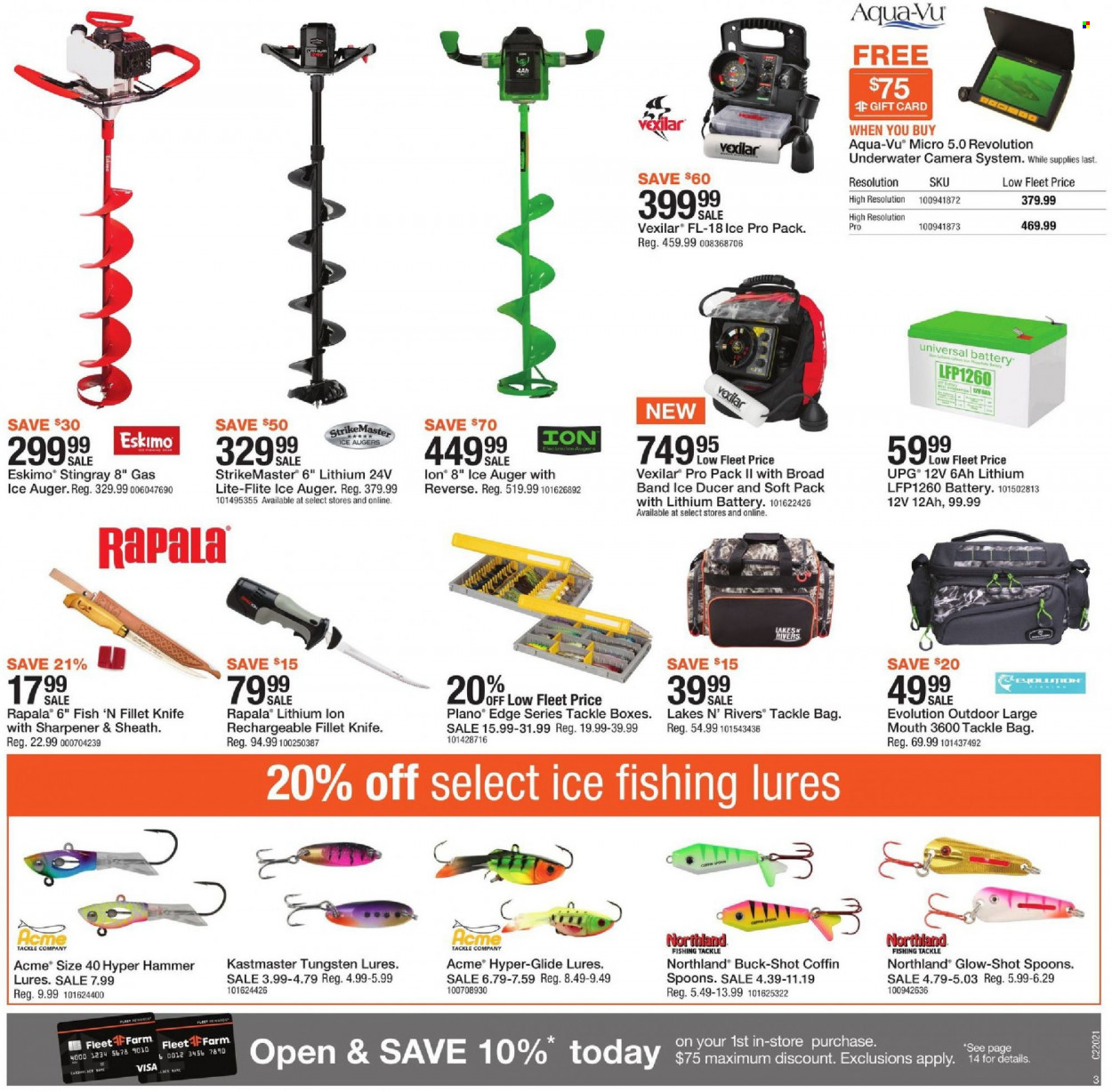 thumbnail - Fleet Farm Flyer - 01/07/2022 - 01/15/2022 - Sales products - knife, sharpener, spoon, camera, ice fishing, tackle bag, hammer, ice auger. Page 3.
