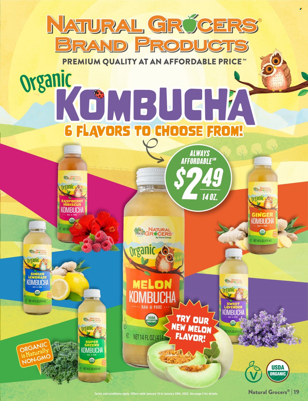 thumbnail - Natural Grocers Flyer - 01/10/2022 - 01/29/2022 - Sales products - ginger, lemonade, kombucha, melons. Page 19.