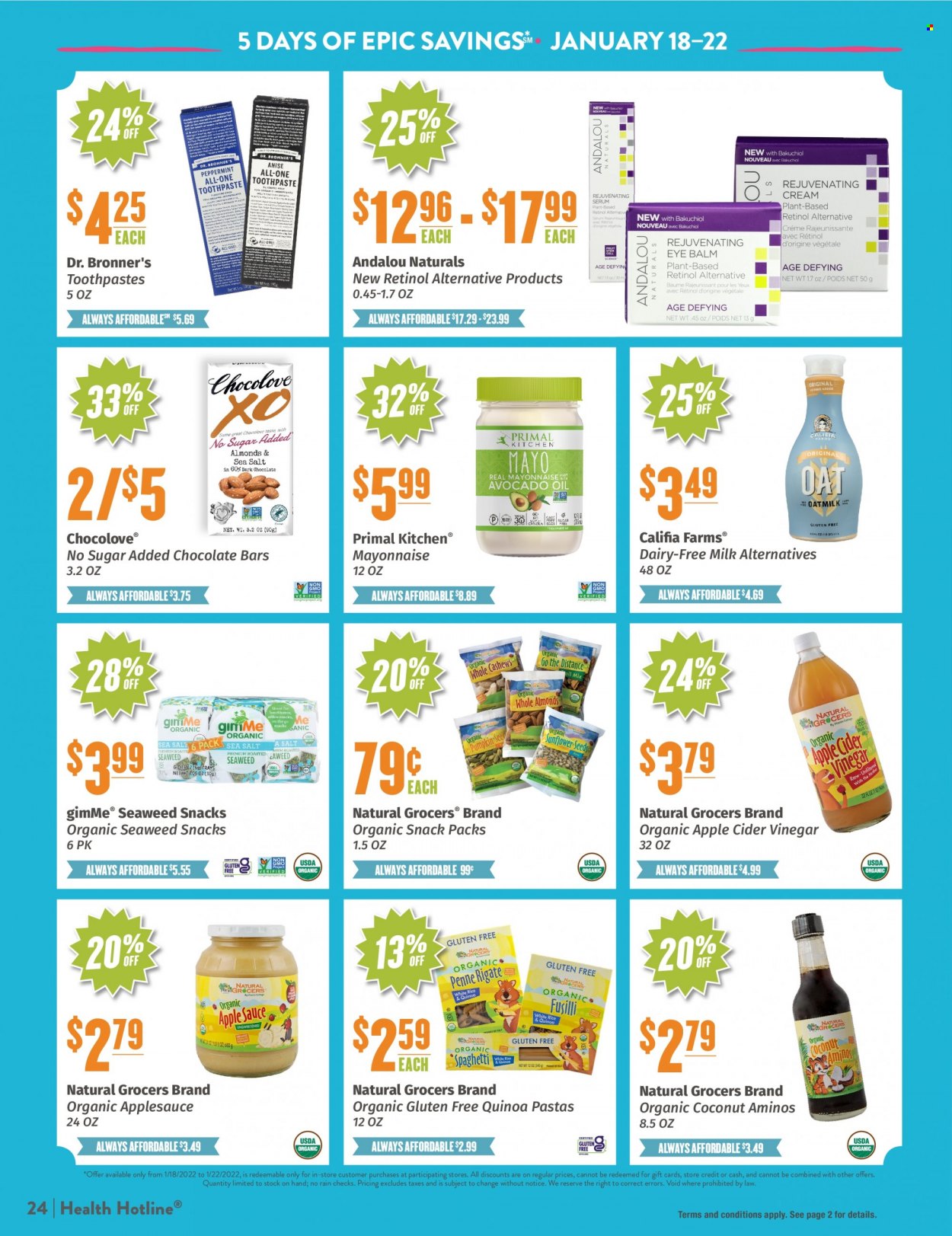 thumbnail - Natural Grocers Flyer - 01/10/2022 - 01/29/2022 - Sales products - coconut, milk, mayonnaise, snack, chocolate bar, quinoa, apple cider vinegar, vinegar, apple sauce. Page 24.
