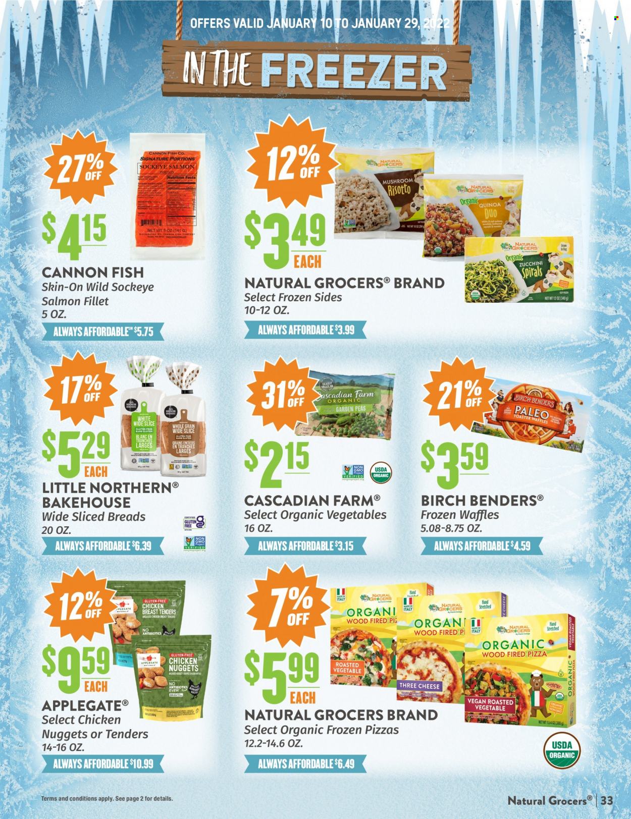 thumbnail - Natural Grocers Flyer - 01/10/2022 - 01/29/2022 - Sales products - waffles, zucchini, peas, salmon, salmon fillet, fish, risotto, pizza, chicken tenders, nuggets, fried chicken, chicken nuggets, quinoa. Page 33.