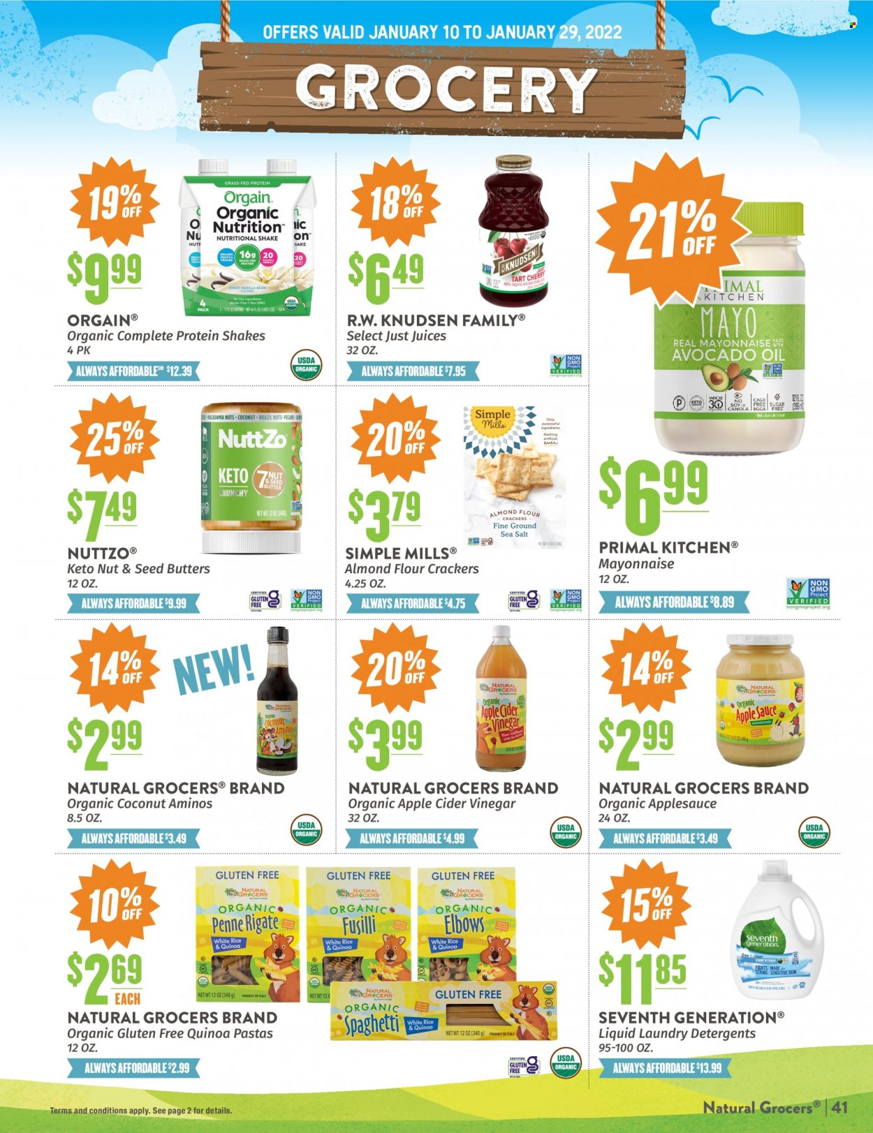 thumbnail - Natural Grocers Flyer - 01/10/2022 - 01/29/2022 - Sales products - coconut, protein drink, shake, mayonnaise, crackers, flour, almond flour, quinoa, apple cider vinegar, vinegar, apple sauce, juice. Page 41.