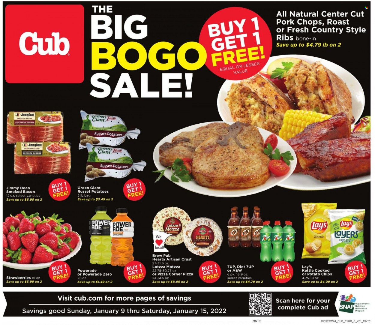 thumbnail - Cub Foods Flyer - 01/09/2022 - 01/15/2022 - Sales products - russet potatoes, strawberries, pizza, Jimmy Dean, bacon, potato chips, chips, Lay’s, sugar, Powerade, 7UP, A&W, pork chops, pork meat, pork ribs, country style ribs. Page 1.