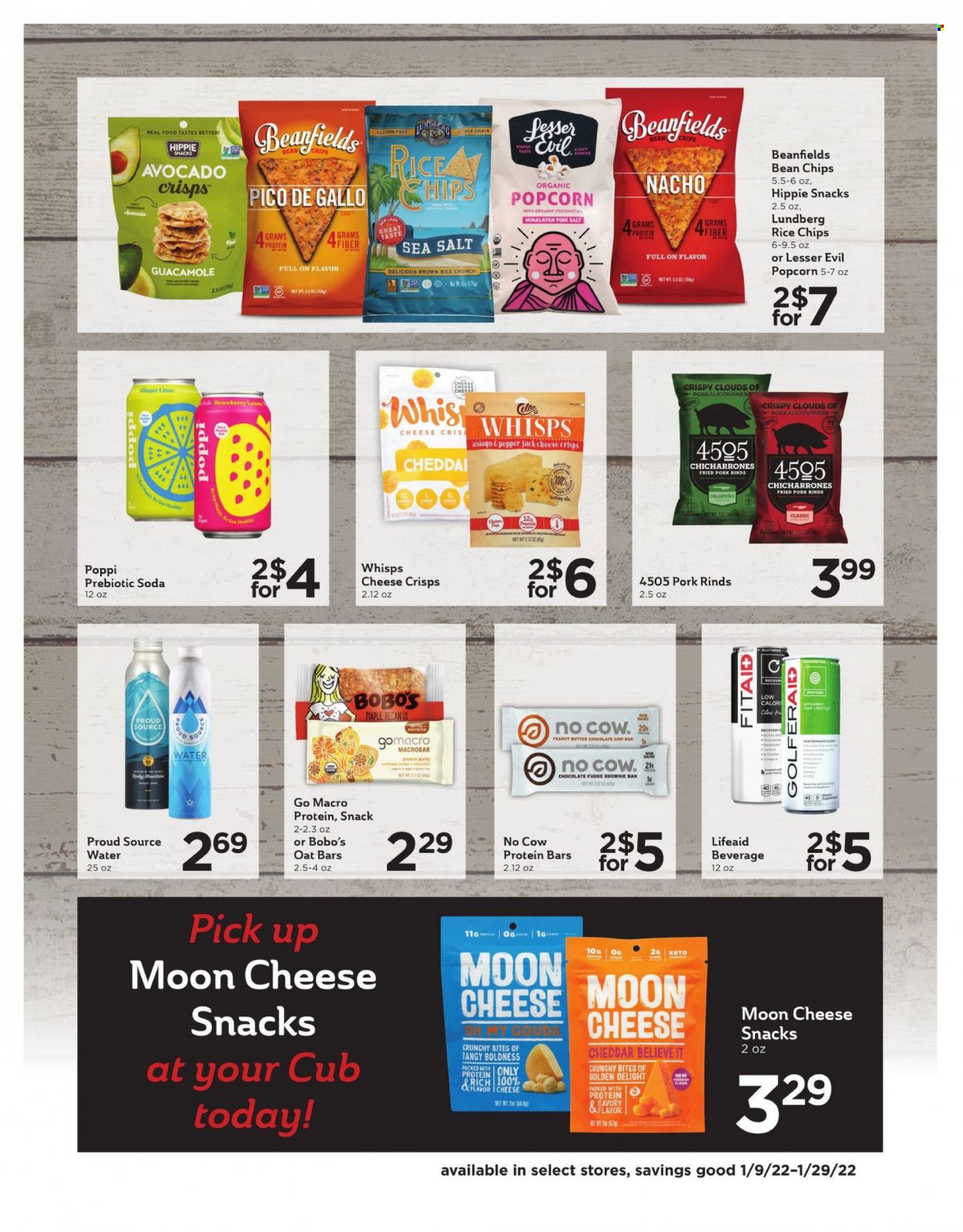 thumbnail - Cub Foods Flyer - 01/09/2022 - 01/29/2022 - Sales products - brownies, coconut, guacamole, asiago, Pepper Jack cheese, fudge, snack, chips, popcorn, protein bar, peanut butter, soda, Purity. Page 3.