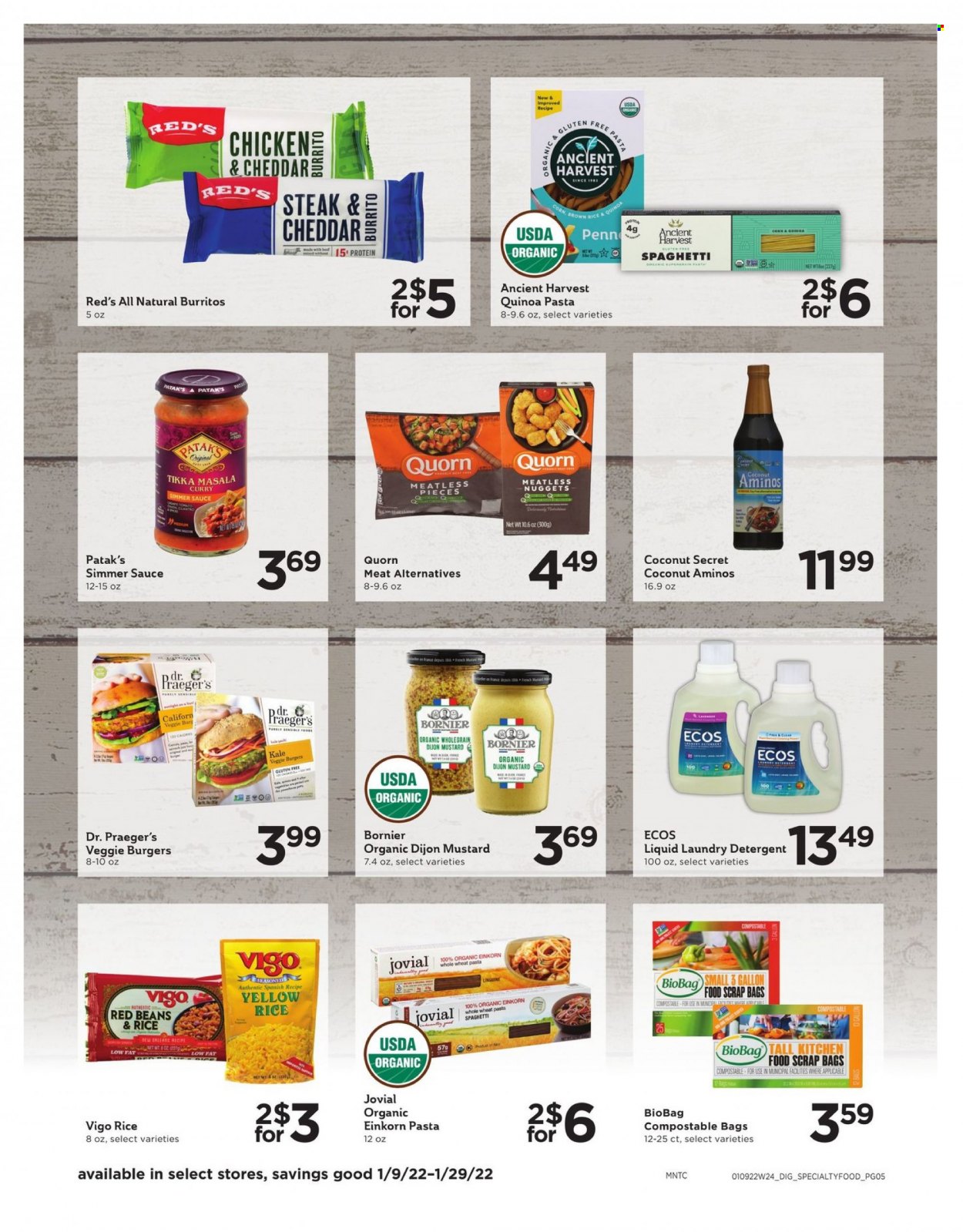 thumbnail - Cub Foods Flyer - 01/09/2022 - 01/29/2022 - Sales products - beans, corn, kale, coconut, spaghetti, nuggets, pasta, sauce, burrito, veggie burger, Tikka Masala, cheese, red beans, quinoa, rice, mustard, steak, detergent, laundry detergent, bag. Page 5.