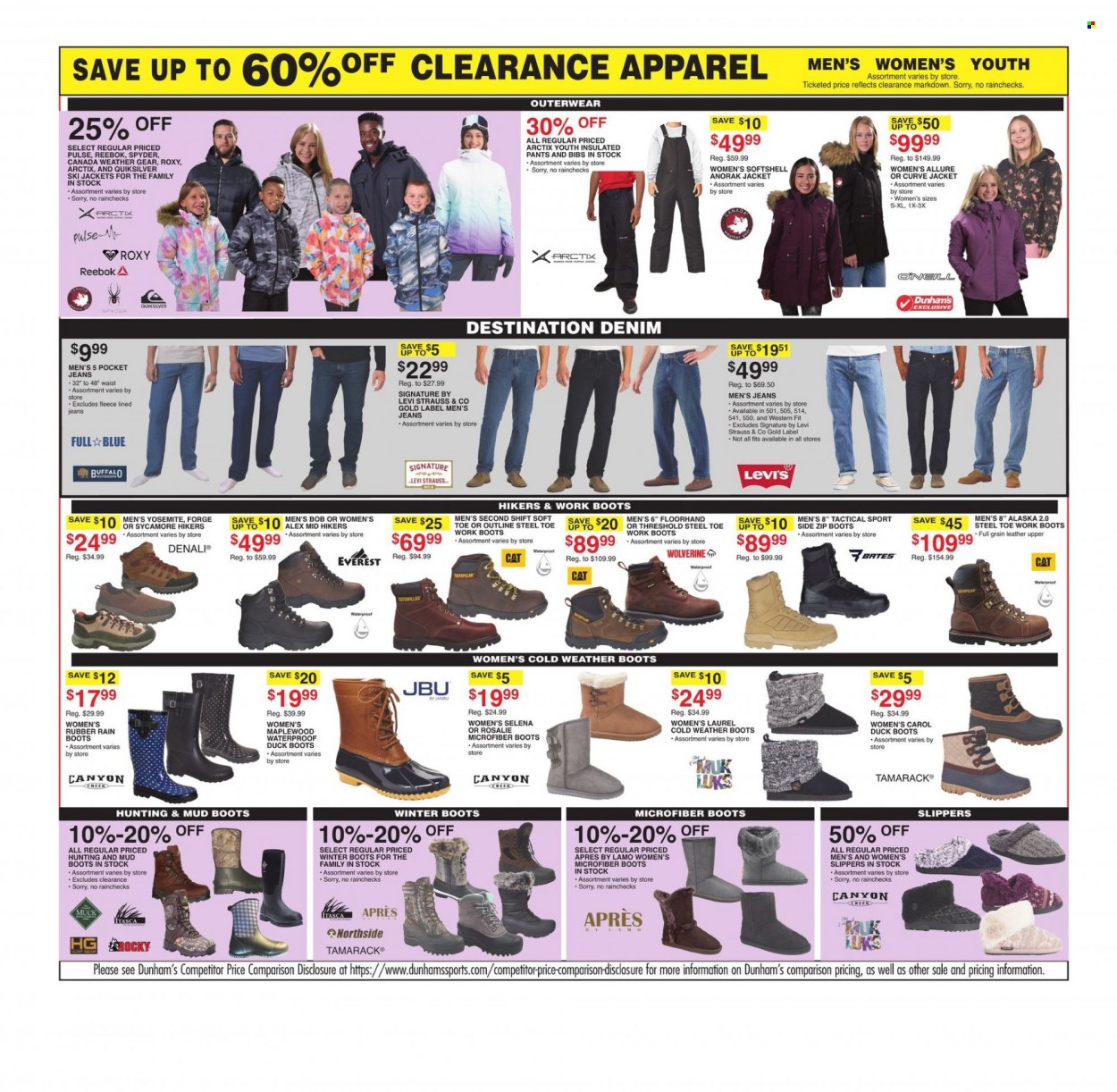 thumbnail - Dunham's Sports Flyer - 01/08/2022 - 01/20/2022 - Sales products - boots, Reebok, slippers, winter boots, hiking shoes, rain boots, jacket, Levi's, jeans, pants. Page 3.