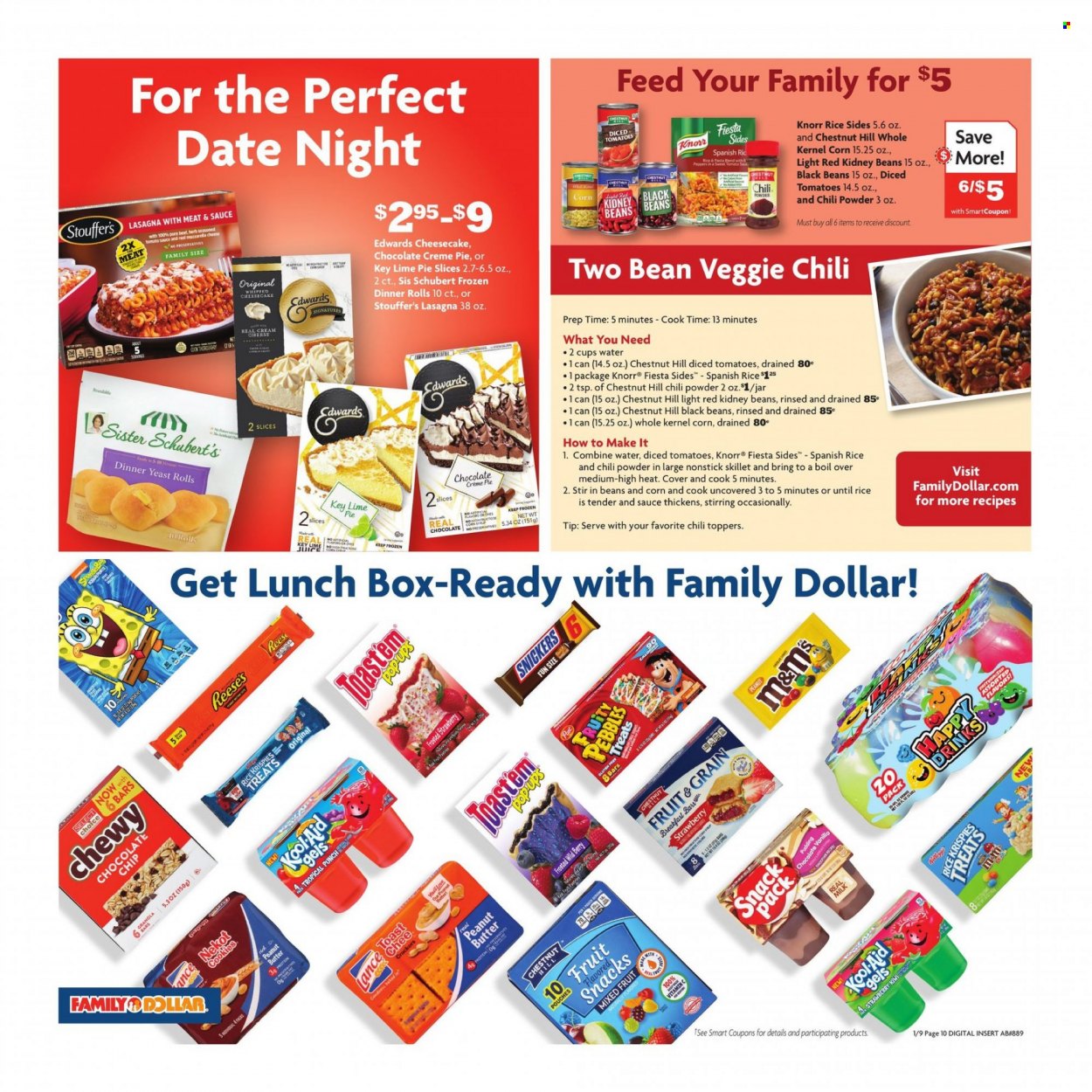 thumbnail - Family Dollar Flyer - 01/09/2022 - 01/15/2022 - Sales products - pie, dinner rolls, cheesecake, peppers, kiwi, pasta, Knorr, lasagna meal, cheese, pudding, yeast, Reese's, Stouffer's, cookies, chocolate, butter cookies, crackers, fruit snack, black beans, kidney beans, granola, Rice Krispies, Fruity Pebbles, fruit punch, jar, meal box. Page 2.