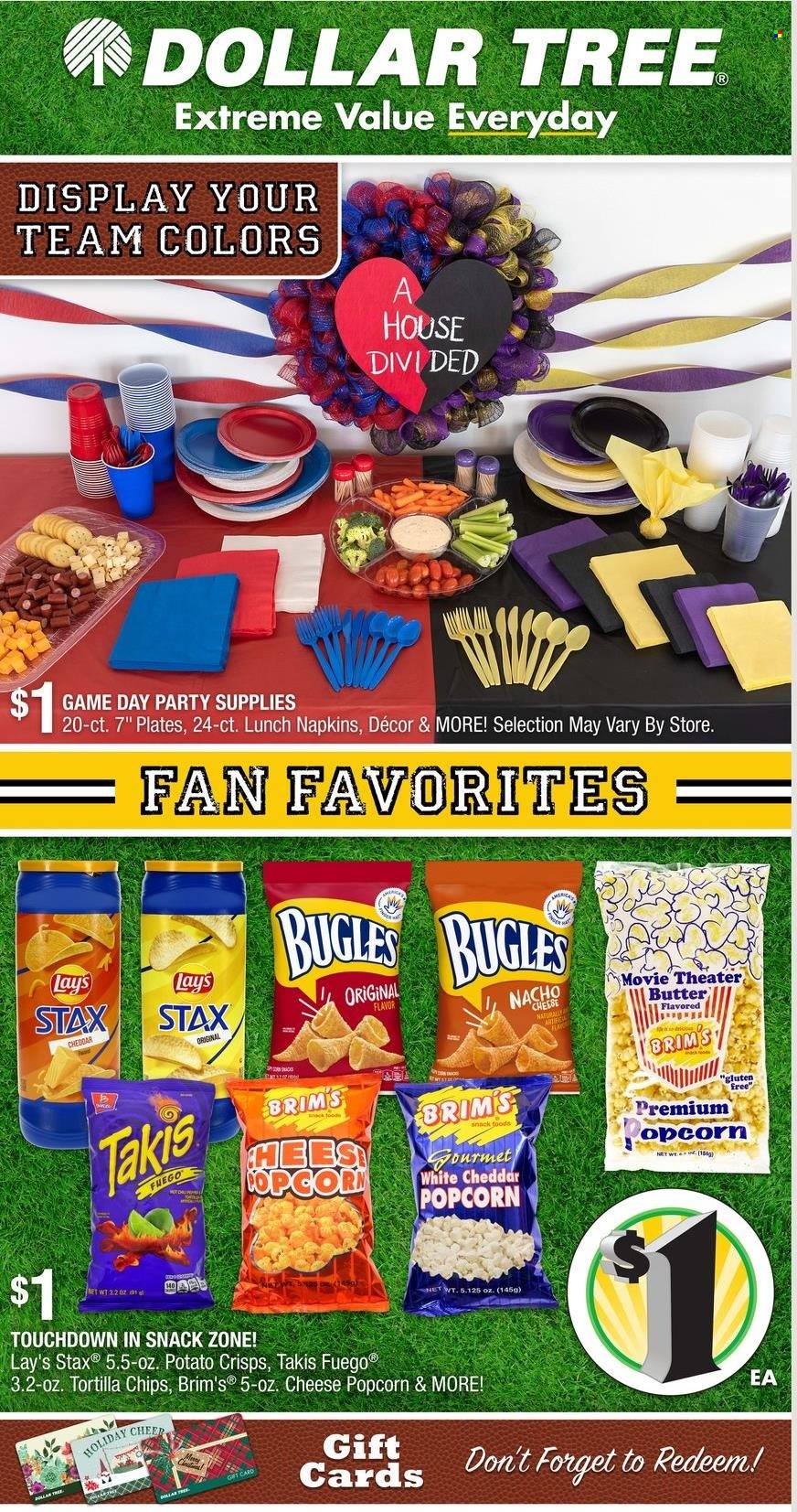 thumbnail - Dollar Tree Flyer - 01/09/2022 - 01/22/2022 - Sales products - cheese, butter, snack, tortilla chips, potato crisps, chips, Lay’s, popcorn, napkins, plate, party supplies. Page 1.