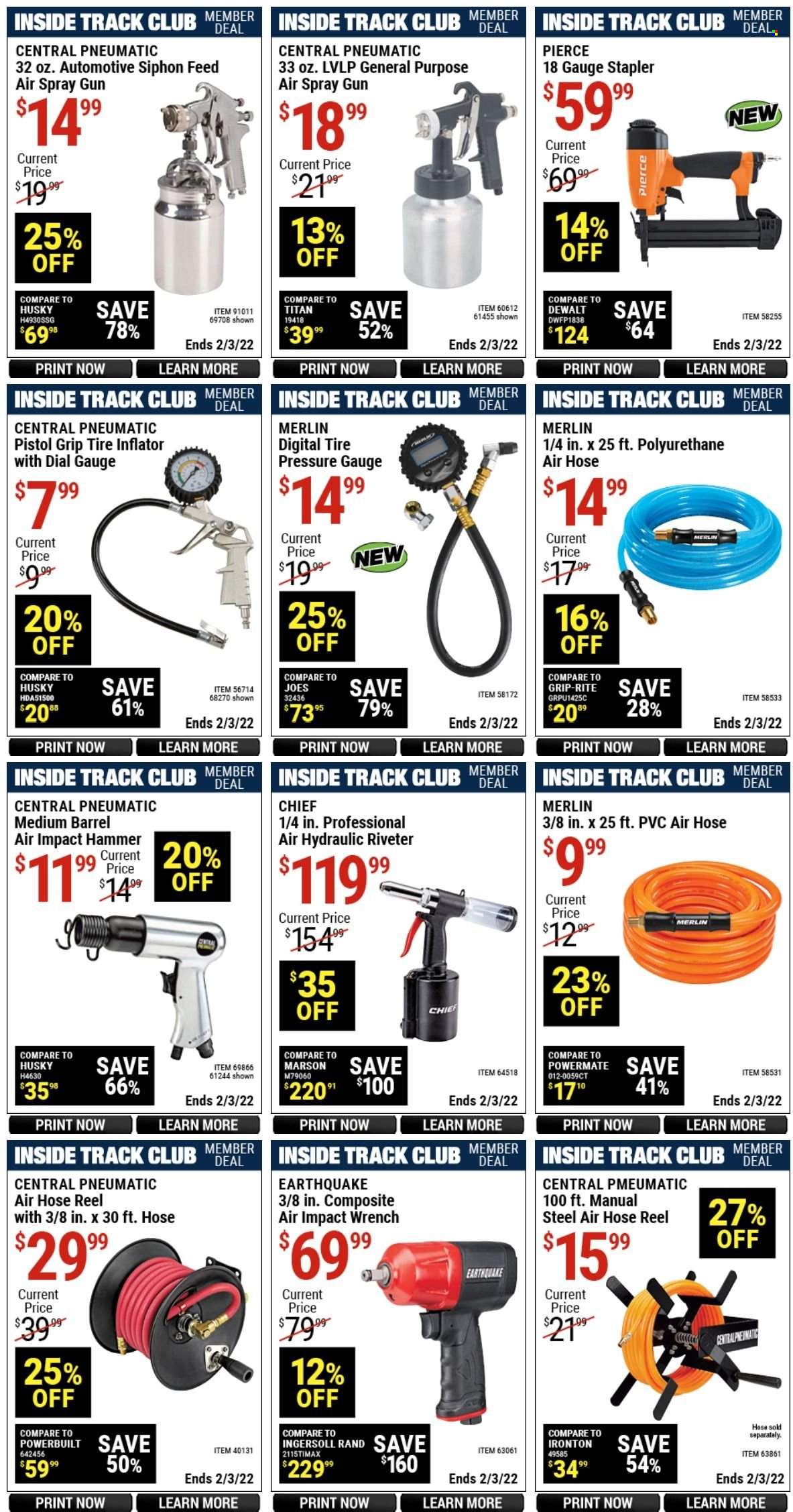 thumbnail - Harbor Freight Flyer - 01/10/2022 - 02/03/2022 - Sales products - spray gun, hammer, wrench, air hose, hose reel, tire inflator, central pneumatic. Page 1.