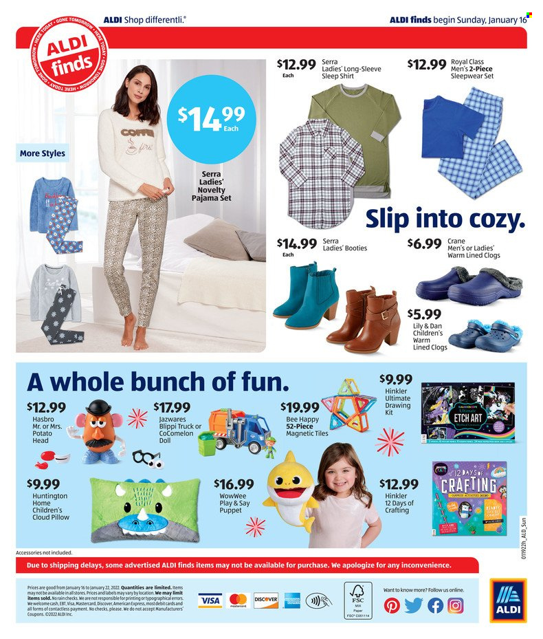 thumbnail - ALDI Flyer - 01/16/2022 - 01/22/2022 - Sales products - clogs, paper, pillow, shirt, pajamas, doll, Hasbro, magnetic tile, sleepwear. Page 2.