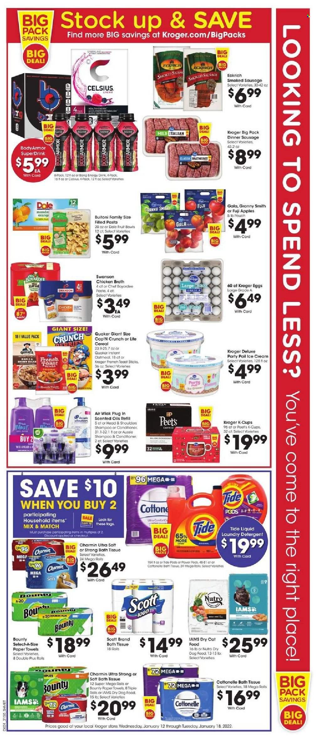 thumbnail - Kroger Flyer - 01/12/2022 - 01/18/2022 - Sales products - Dole, apples, Gala, oranges, Fuji apple, Granny Smith, pasta, Quaker, Buitoni, filled pasta, bratwurst, sausage, smoked sausage, eggs, ice cream, Bounty, chicken broth, oatmeal, broth, cereals, Cap'n Crunch, energy drink, coffee, coffee capsules, K-Cups, bath tissue, Cottonelle, Scott, kitchen towels, paper towels, Charmin, detergent, Tide, laundry detergent, shampoo, Aussie, conditioner, Head & Shoulders, Air Wick, animal food, cat food, dog food, dry dog food, dry cat food, Iams, Lee. Page 2.