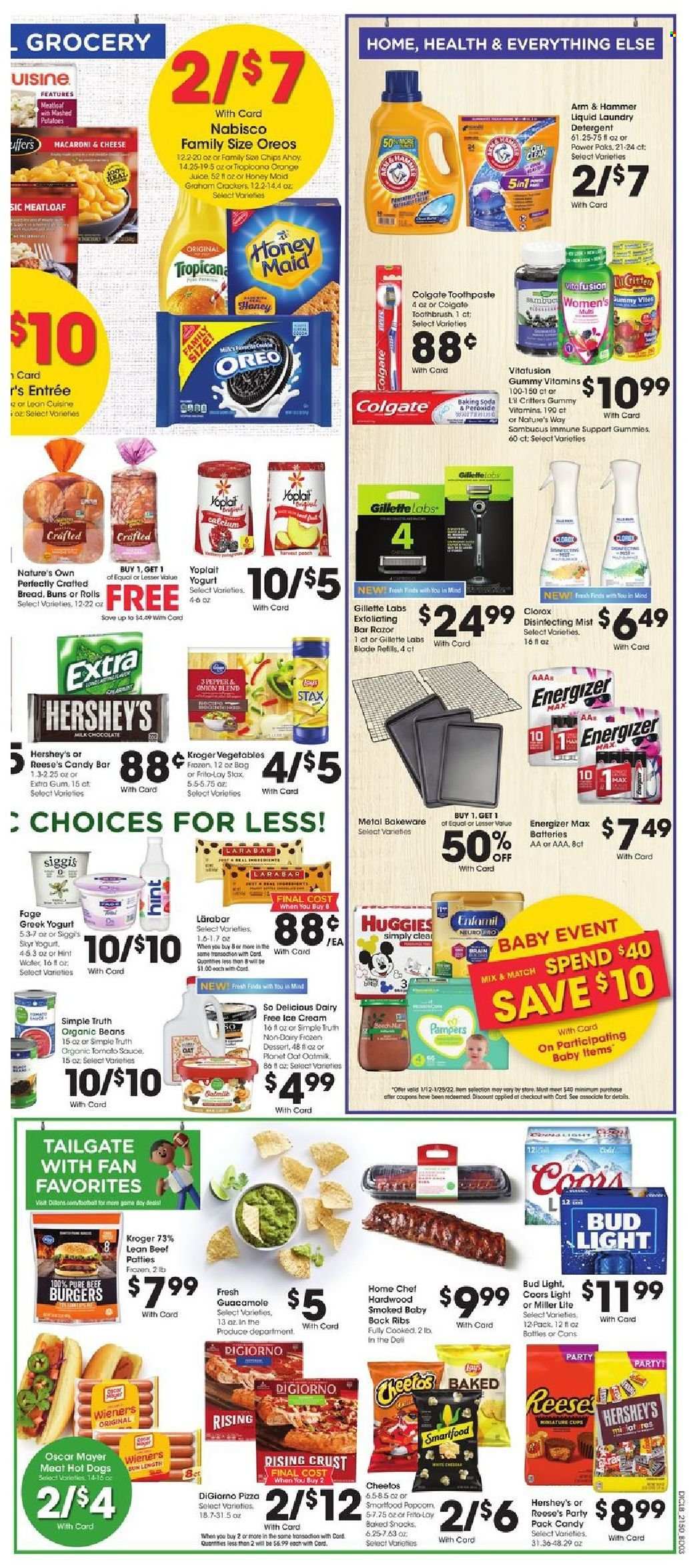 thumbnail - Dillons Flyer - 01/12/2022 - 01/18/2022 - Sales products - buns, beans, macaroni & cheese, mashed potatoes, hot dog, pizza, hamburger, meatloaf, Lean Cuisine, Oscar Mayer, guacamole, greek yoghurt, Oreo, yoghurt, Yoplait, oat milk, ice cream, Reese's, Hershey's, dairy free ice cream, crackers, Smartfood, Frito-Lay, ARM & HAMMER, tomato sauce, Honey Maid, orange juice, juice, beer, Bud Light, beef meat, pork meat, pork ribs, pork back ribs, Huggies, Pampers, detergent, Clorox, laundry detergent, Colgate, toothbrush, toothpaste, Gillette, razor, cup, bakeware, battery, Energizer, calcium, Nature's Own, Miller Lite, Coors. Page 6.