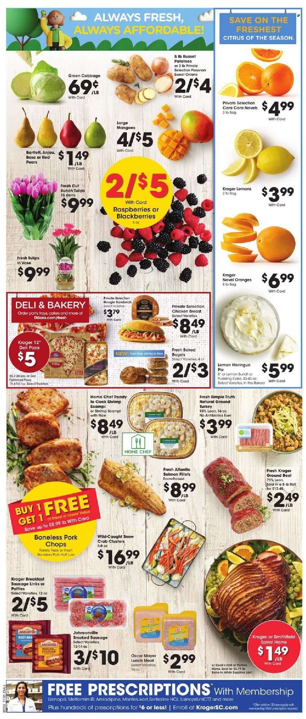 thumbnail - Dillons Flyer - 01/12/2022 - 01/18/2022 - Sales products - bagels, cake, pie, bundt, cabbage, russet potatoes, potatoes, blackberries, mango, pears, oranges, salmon, salmon fillet, crab, shrimps, pizza, sandwich, Johnsonville, Cook's, Oscar Mayer, sausage, smoked sausage, lunch meat, L'Or, ground turkey, beef meat, ground beef, pork chops, pork meat, Hama, tulip, navel oranges. Page 8.