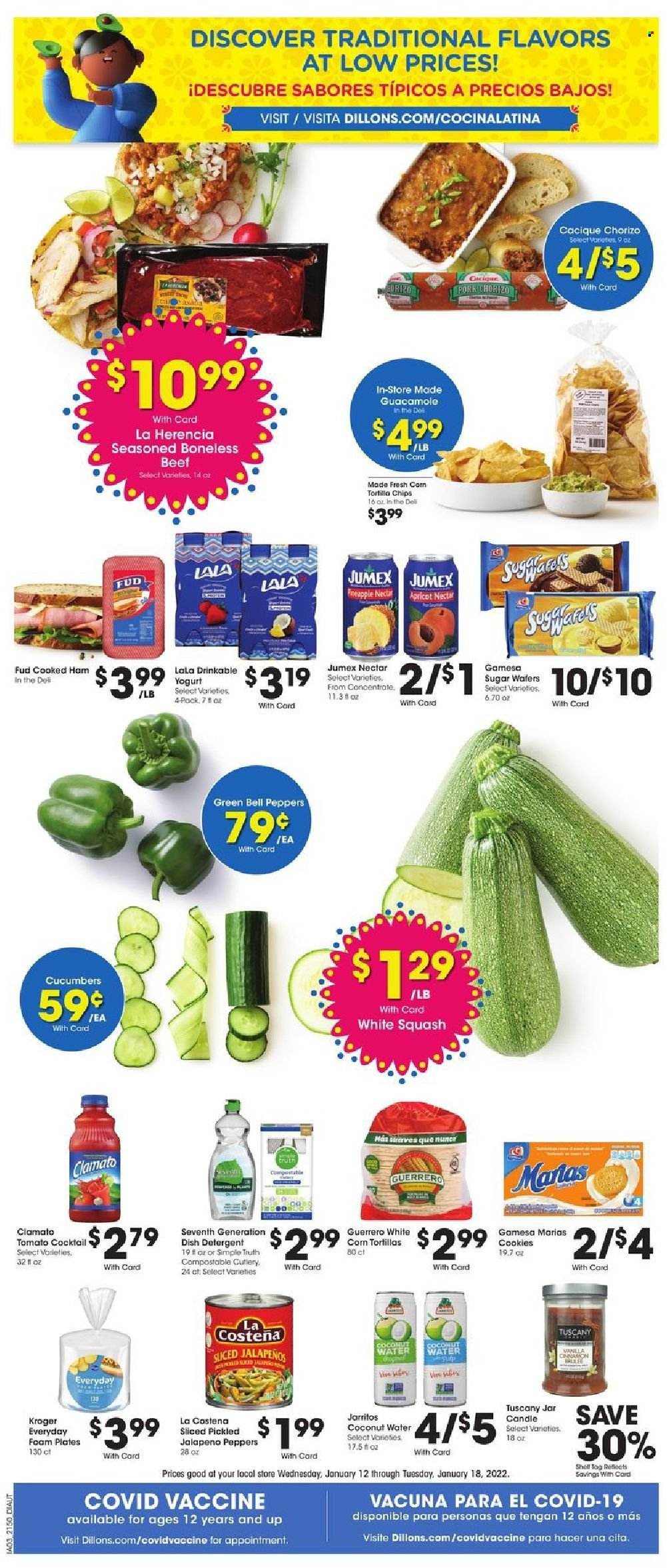 thumbnail - Dillons Flyer - 01/12/2022 - 01/18/2022 - Sales products - bell peppers, cucumber, jalapeño, cooked ham, ham, chorizo, guacamole, yoghurt, cookies, wafers, tortilla chips, chips, Clamato, coconut water, detergent, plate, candle, foam plates. Page 9.