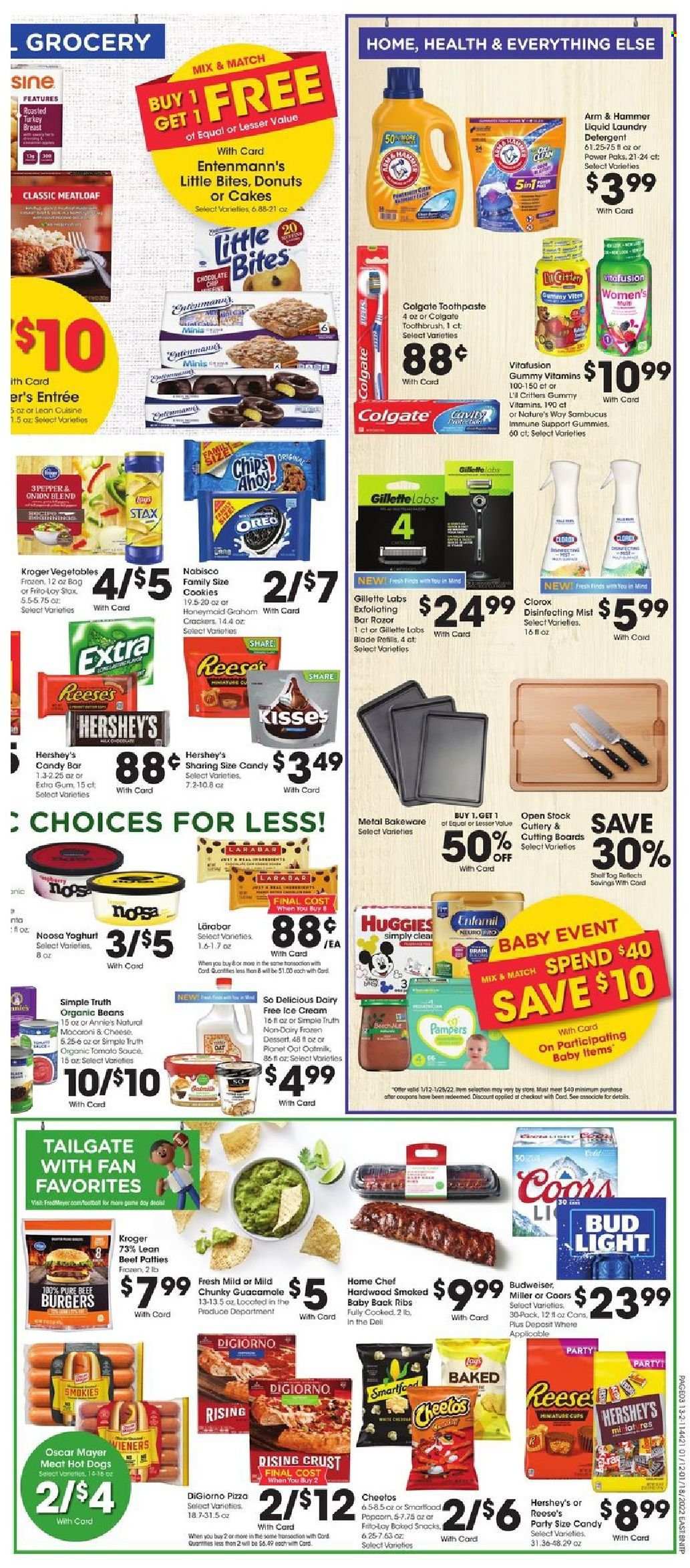 thumbnail - Fred Meyer Flyer - 01/12/2022 - 01/18/2022 - Sales products - cake, donut, Entenmann's, beans, hot dog, hamburger, meatloaf, Lean Cuisine, Annie's, Oscar Mayer, guacamole, Oreo, yoghurt, oat milk, ice cream, Reese's, Hershey's, cookies, crackers, Little Bites, Cheetos, Smartfood, popcorn, Frito-Lay, ARM & HAMMER, tomato sauce, beer, Bud Light, Miller, Enfamil, turkey breast, beef meat, pork meat, pork ribs, pork back ribs, Huggies, Pampers, detergent, Clorox, laundry detergent, Colgate, toothbrush, toothpaste, Gillette, razor, cup, bakeware, Lara, Vitafusion, Budweiser, Coors. Page 6.