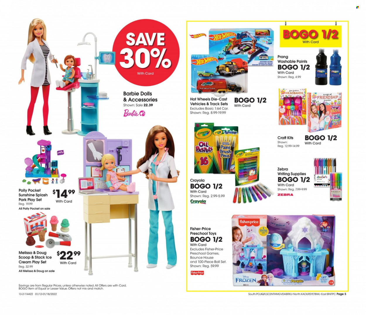 thumbnail - Fred Meyer Flyer - 01/12/2022 - 01/18/2022 - Sales products - Disney, Sunshine, ice cream, oil, Hot Wheels, Bounce, brush, Barbie, crayons, craft supplies, writing supplies, bracelet, doll, play set, toys, Fisher-Price. Page 5.
