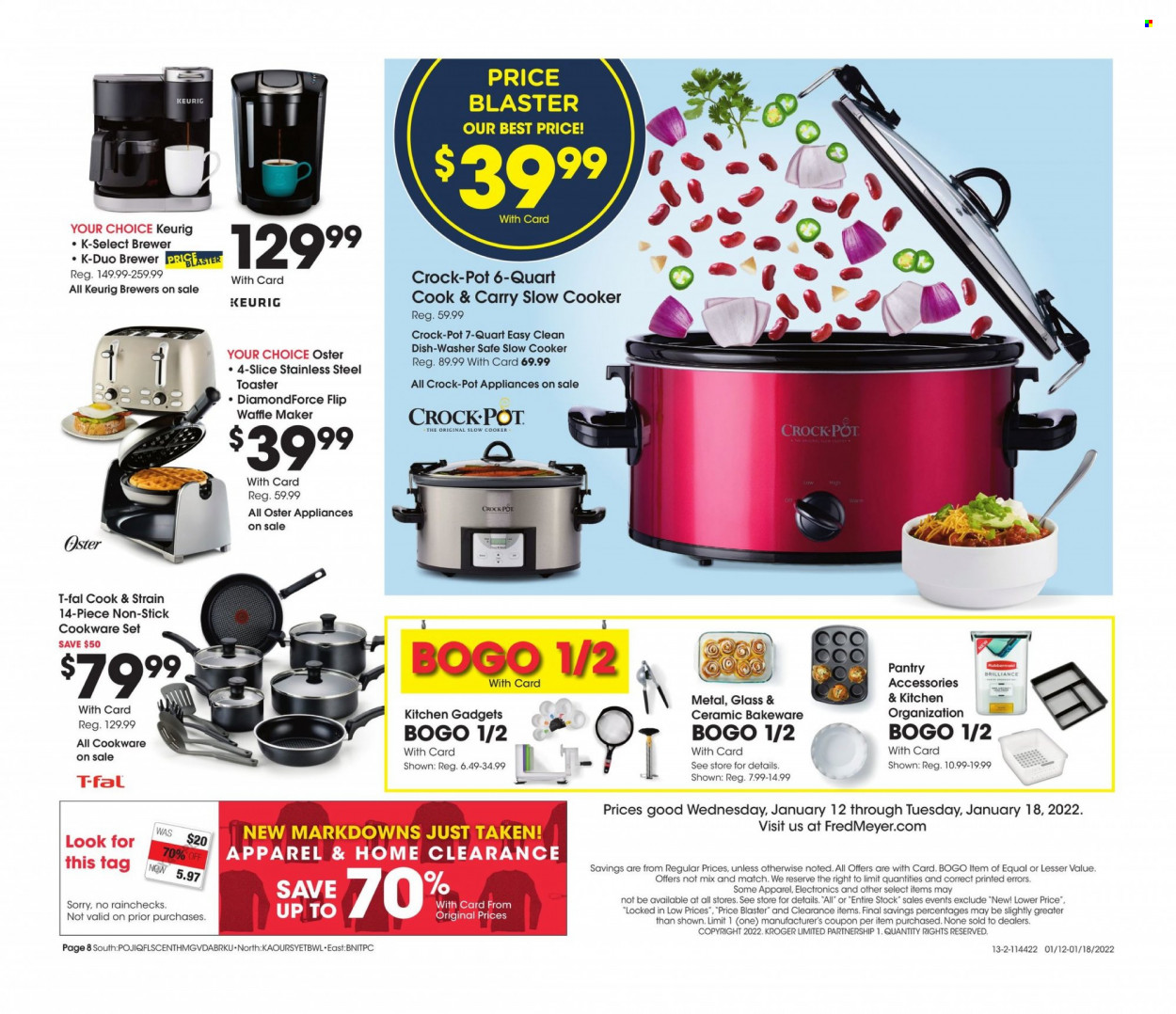 thumbnail - Fred Meyer Flyer - 01/12/2022 - 01/18/2022 - Sales products - brewer, Keurig, cookware set, pot, bakeware, slow cooker, CrockPot, toaster, waffle maker. Page 8.